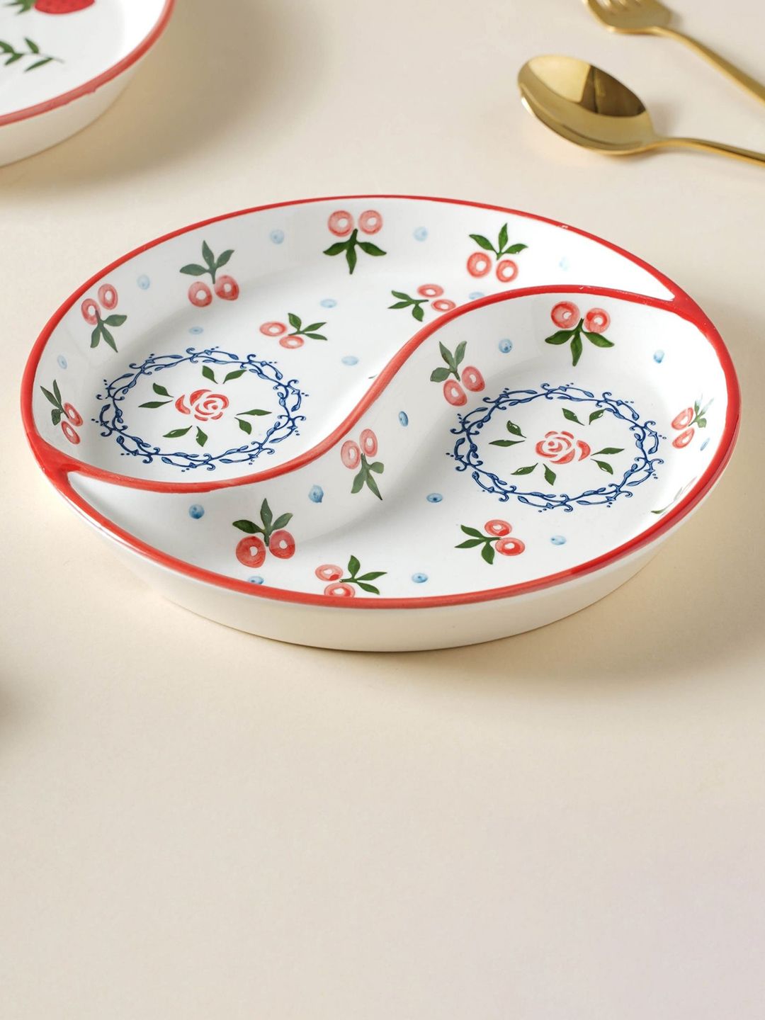 Nestasia Unisex White And Red Cherry Glossy Sectioned Momos Serving Ceramic Plate Price in India