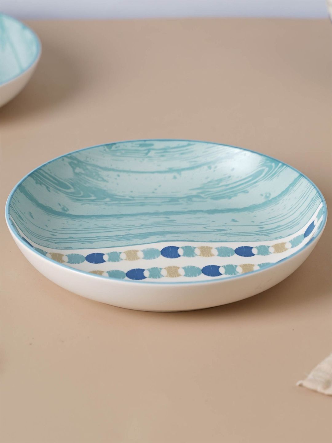 Nestasia White & Blue Printed Round Ceramic Matte Bohemia Appetizer Dish Price in India