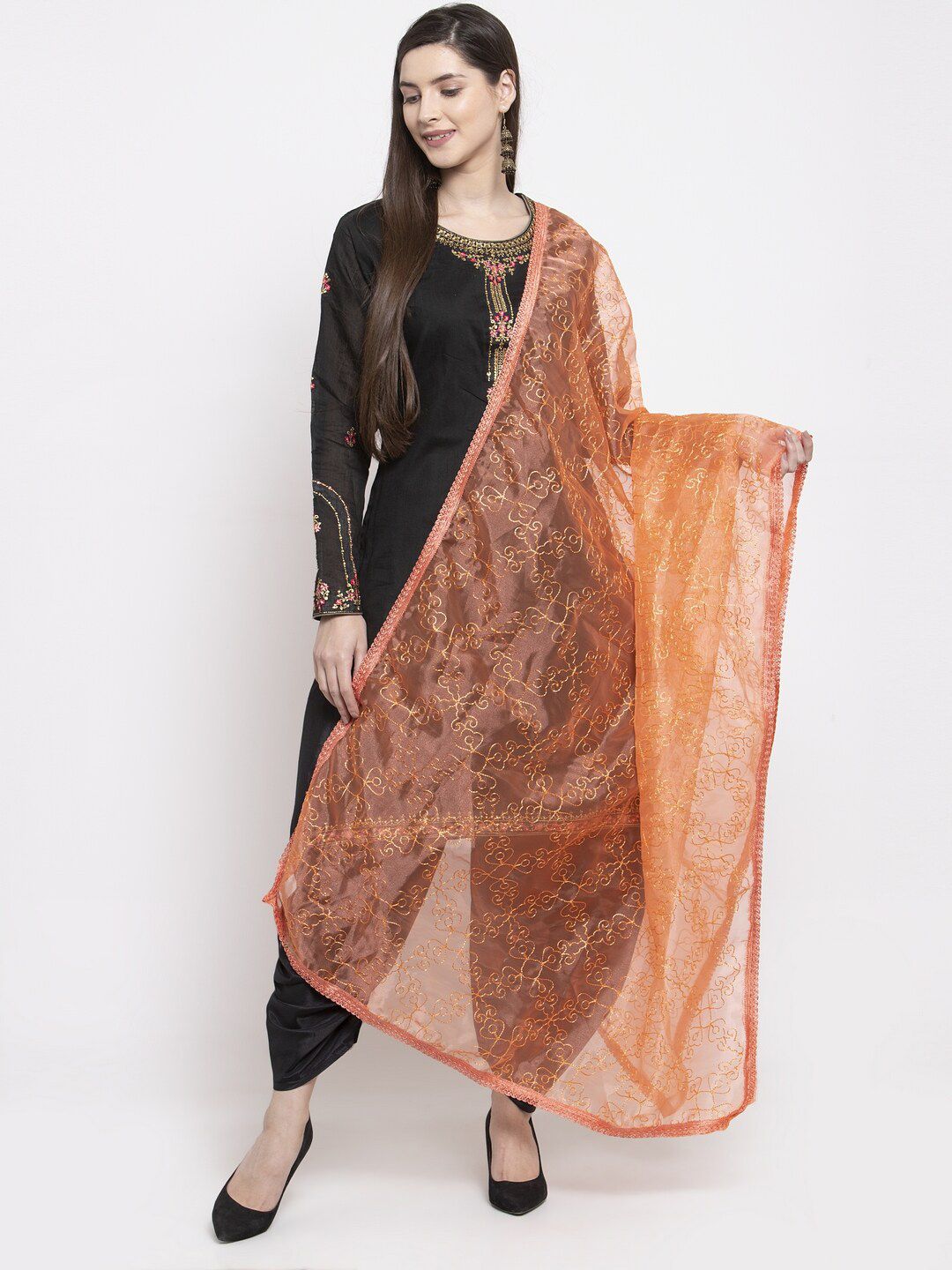 mf Orange Embroidered Organza Dupatta with Thread Work