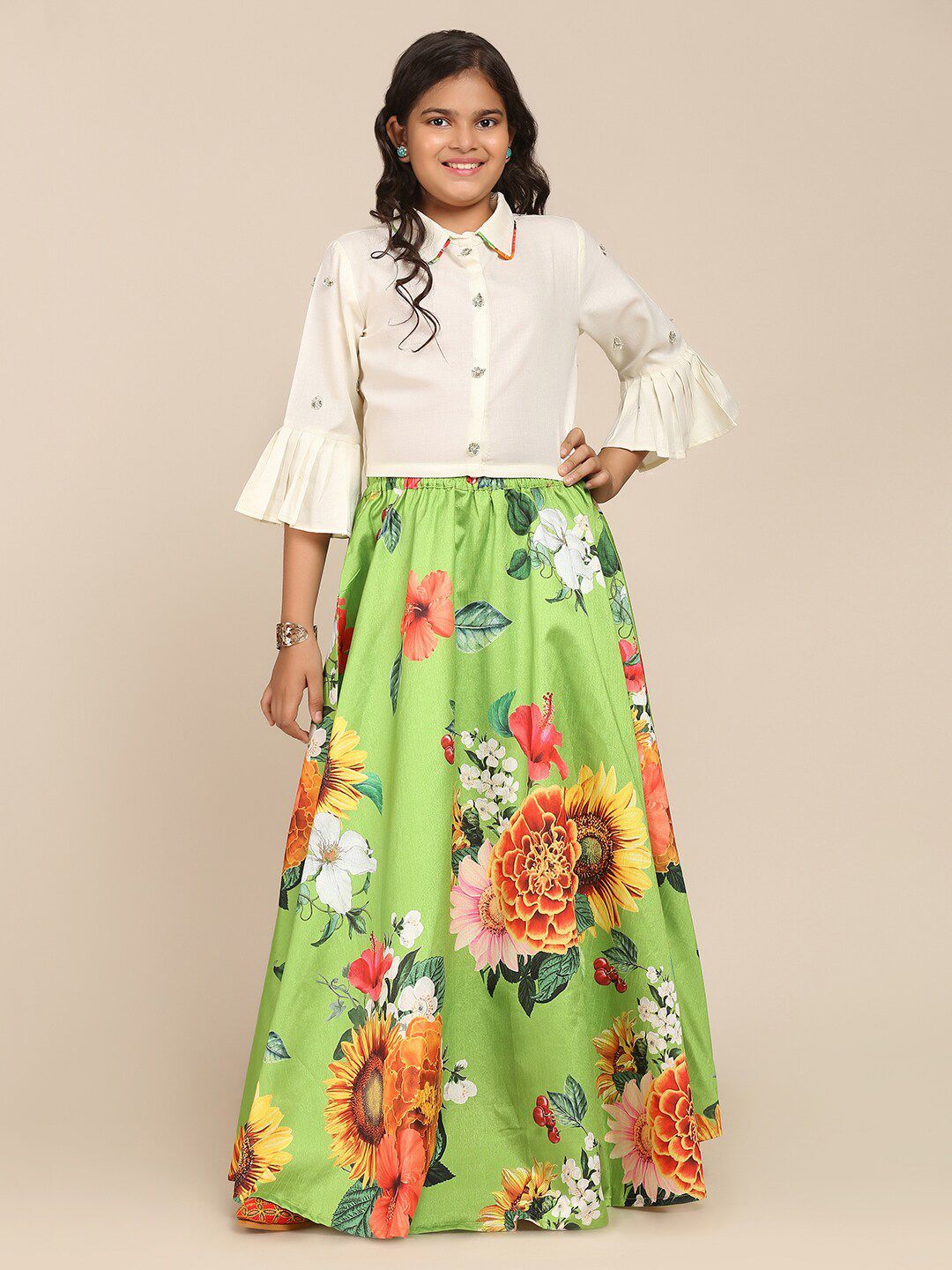 Bitiya by Bhama Girls Lime Green & White Embellished Ready to Wear Lehenga & Choli