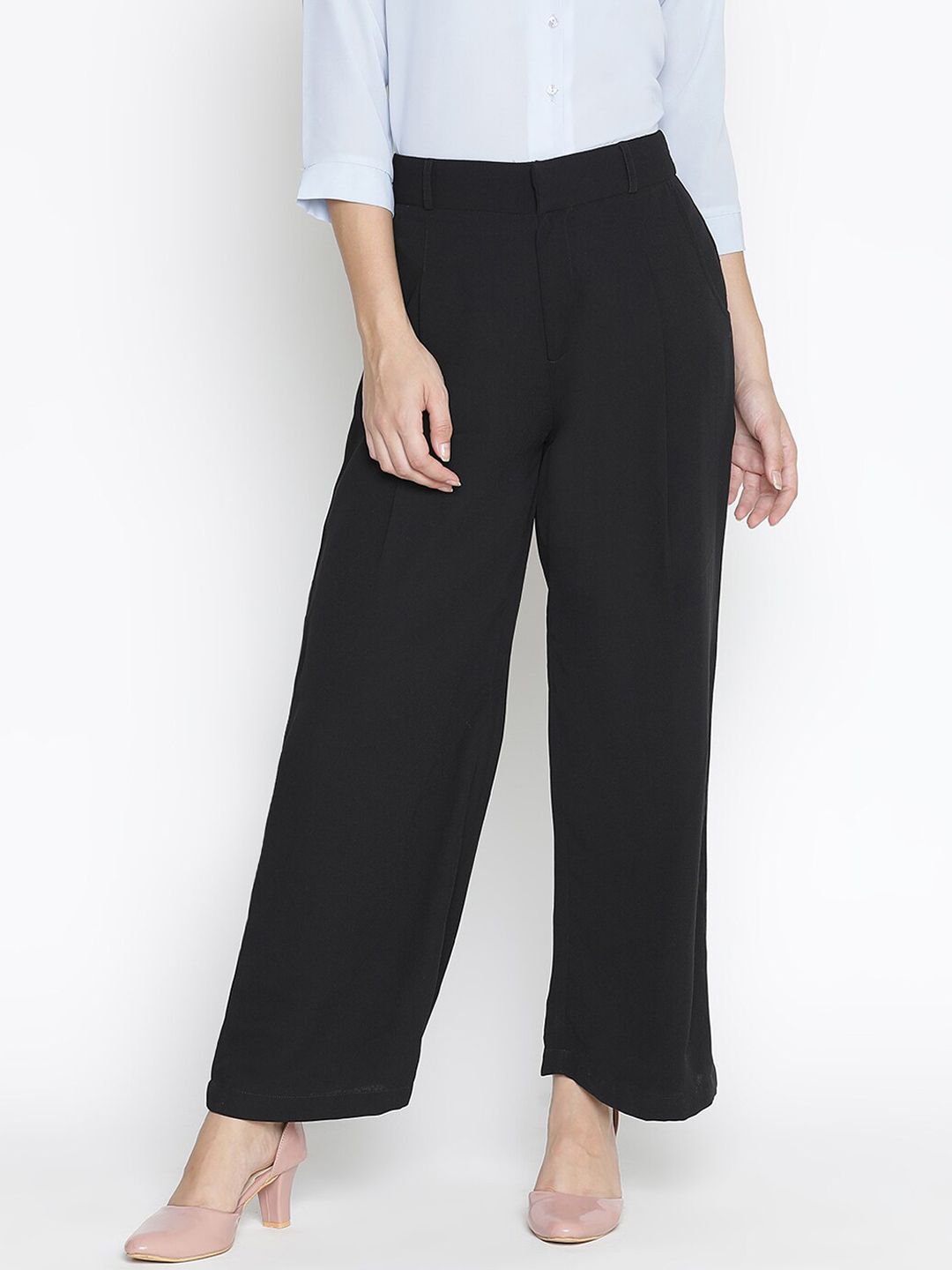 DRAAX Fashions Women Black Mid-Rise Formal Trousers Price in India