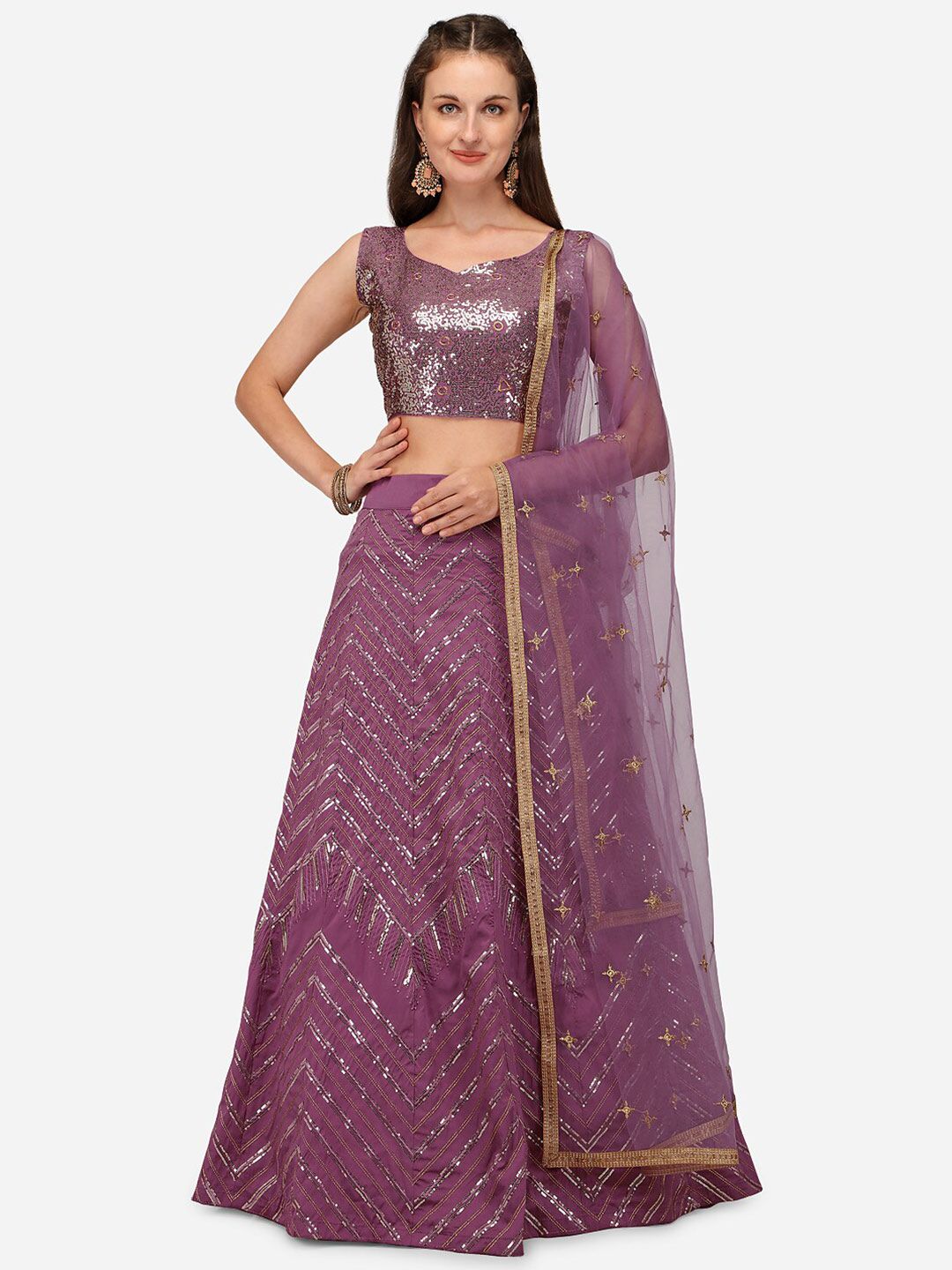 Mameraa Womens Purple Sequinned Semi-Stitched Lehenga & Unstitched Blouse With Dupatta