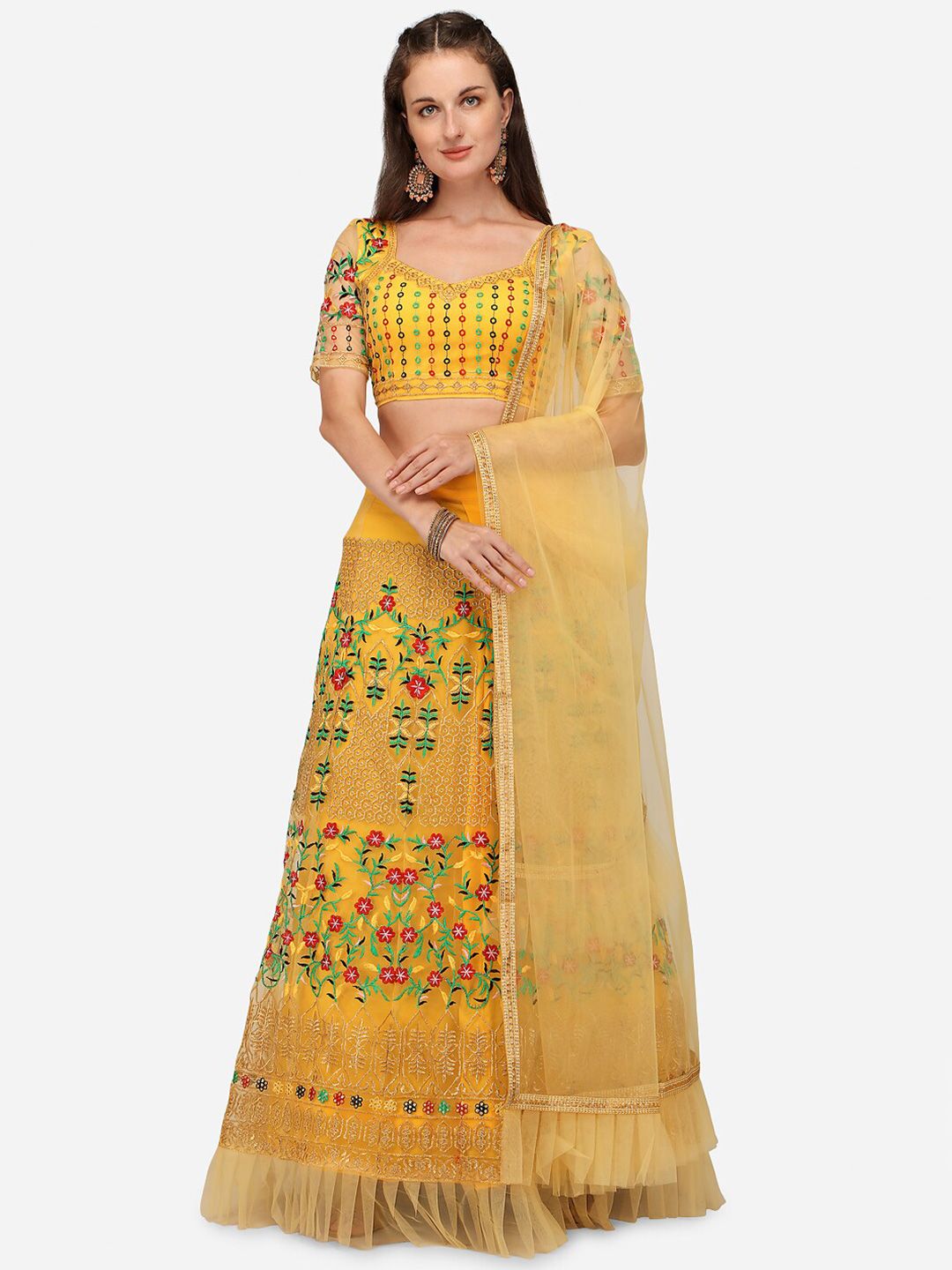Mameraa Yellow & Red Semi-Stitched Lehenga & Unstitched Blouse With Dupatta