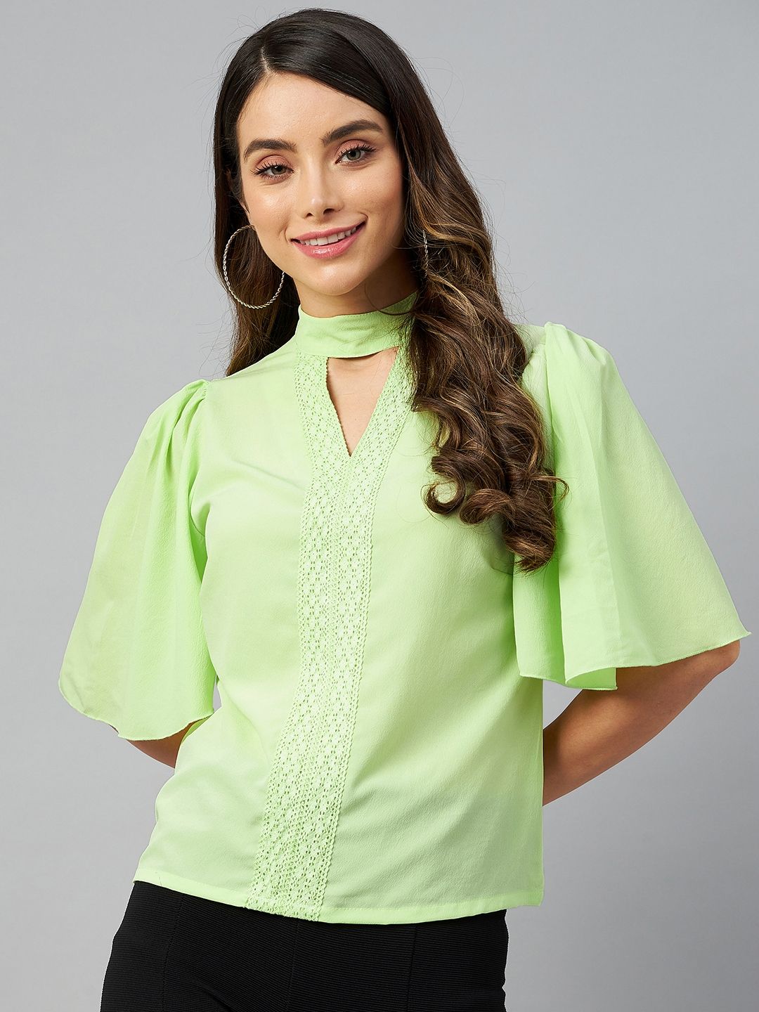 plusS Green Solid Lace Insert Detail Keyhole Neck Top Price in India