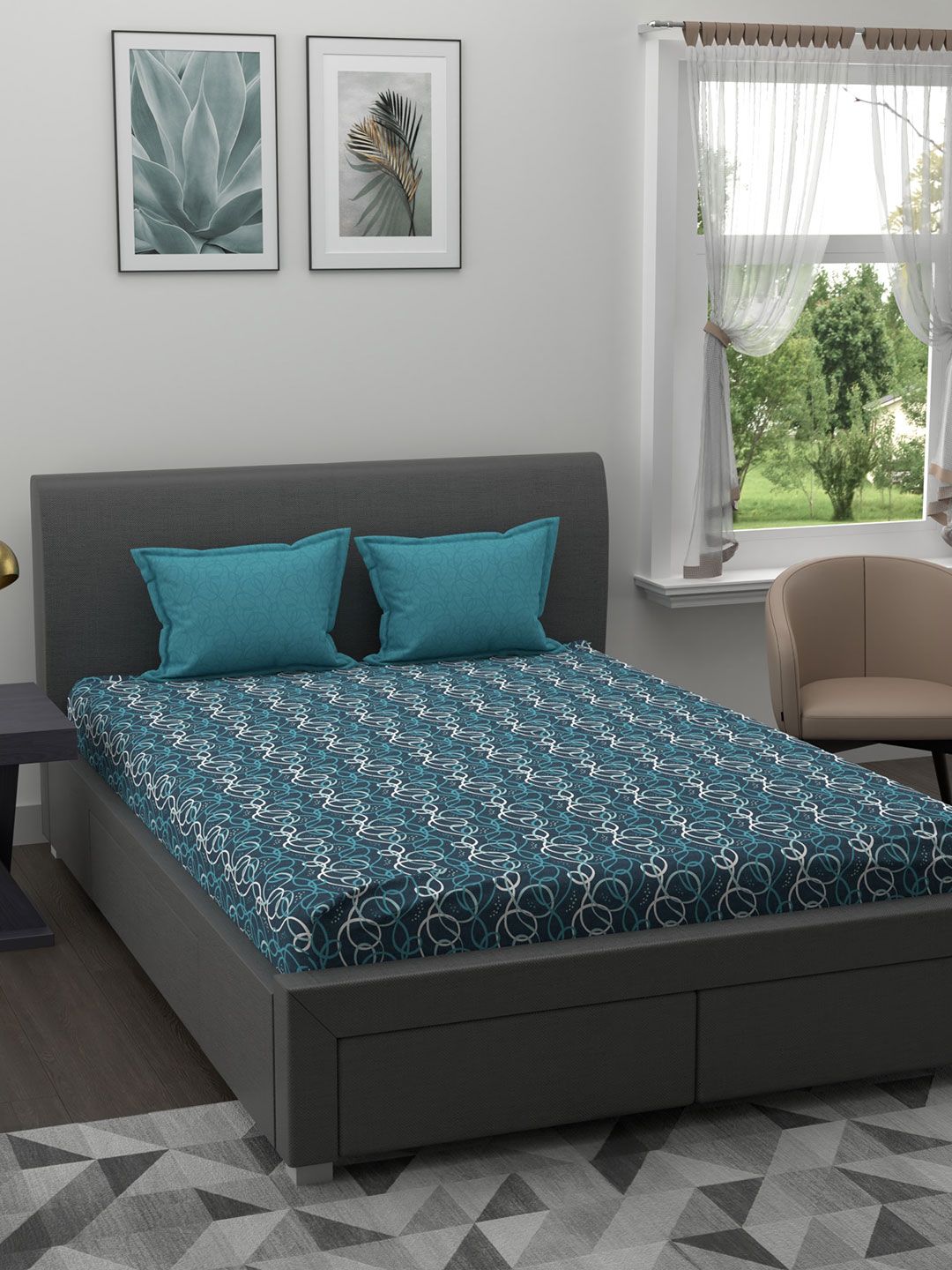 Trident Teal & White 120 TC Queen Bedsheet with 2 Pillow Covers Price in India