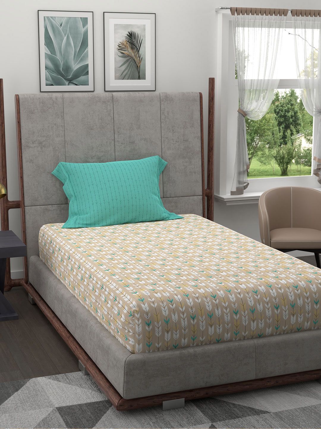 Trident Beige & White Geometric 120 TC Single Bedsheet with 1 Pillow Covers Price in India