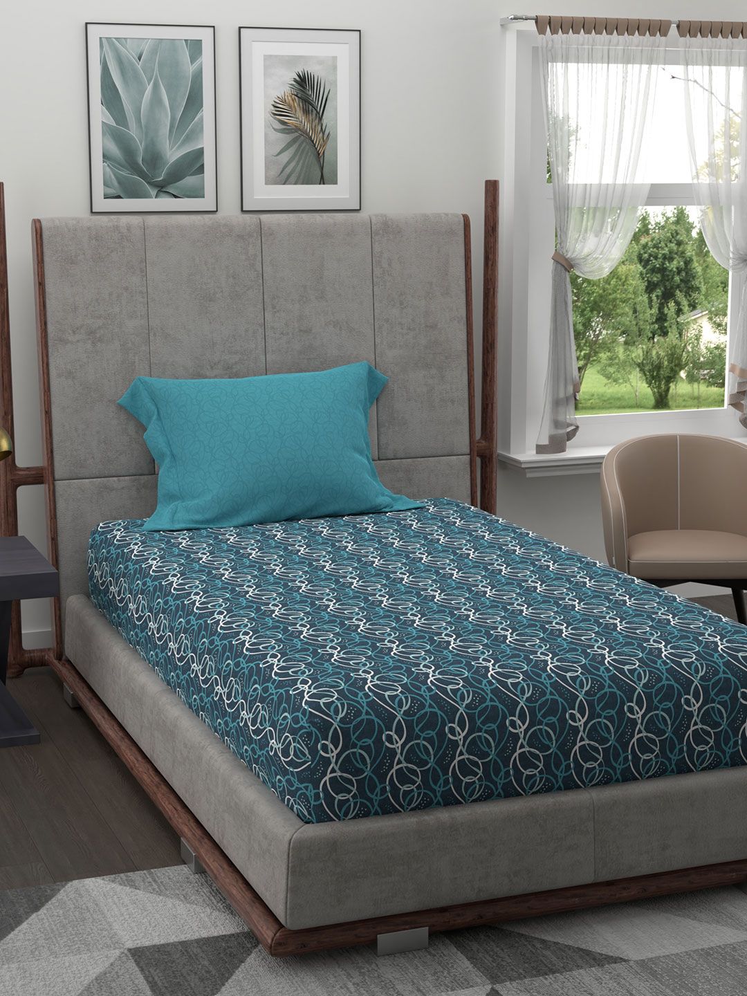 Trident Teal & White 120 TC Single Bedsheet with 1 Pillow Covers Price in India