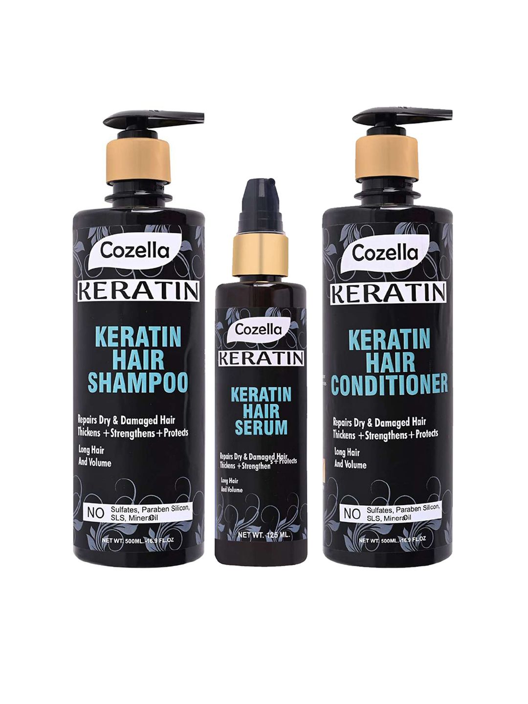 COZELLA Set of Keratin Hair Shampoo 500 ml + Hair Conditioner 500 ml + Hair Serum 125 ml
