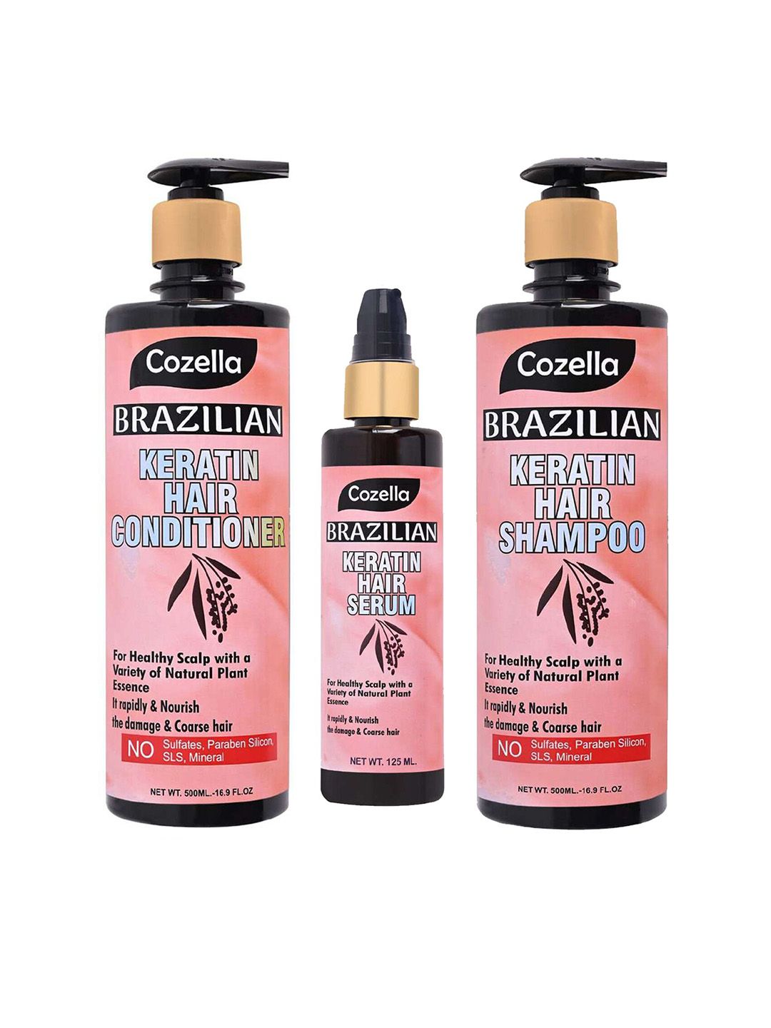 COZELLA Set of Brazilian Keratin Hair Shampoo + Conditioner + Serum