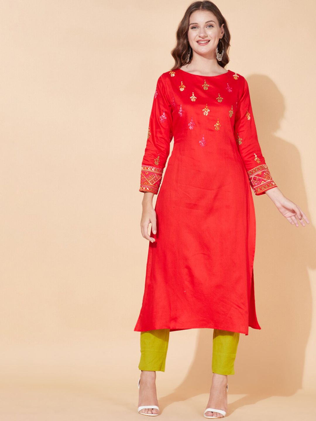 FASHOR Women Red Ethnic Motifs Thread Work Kurta
