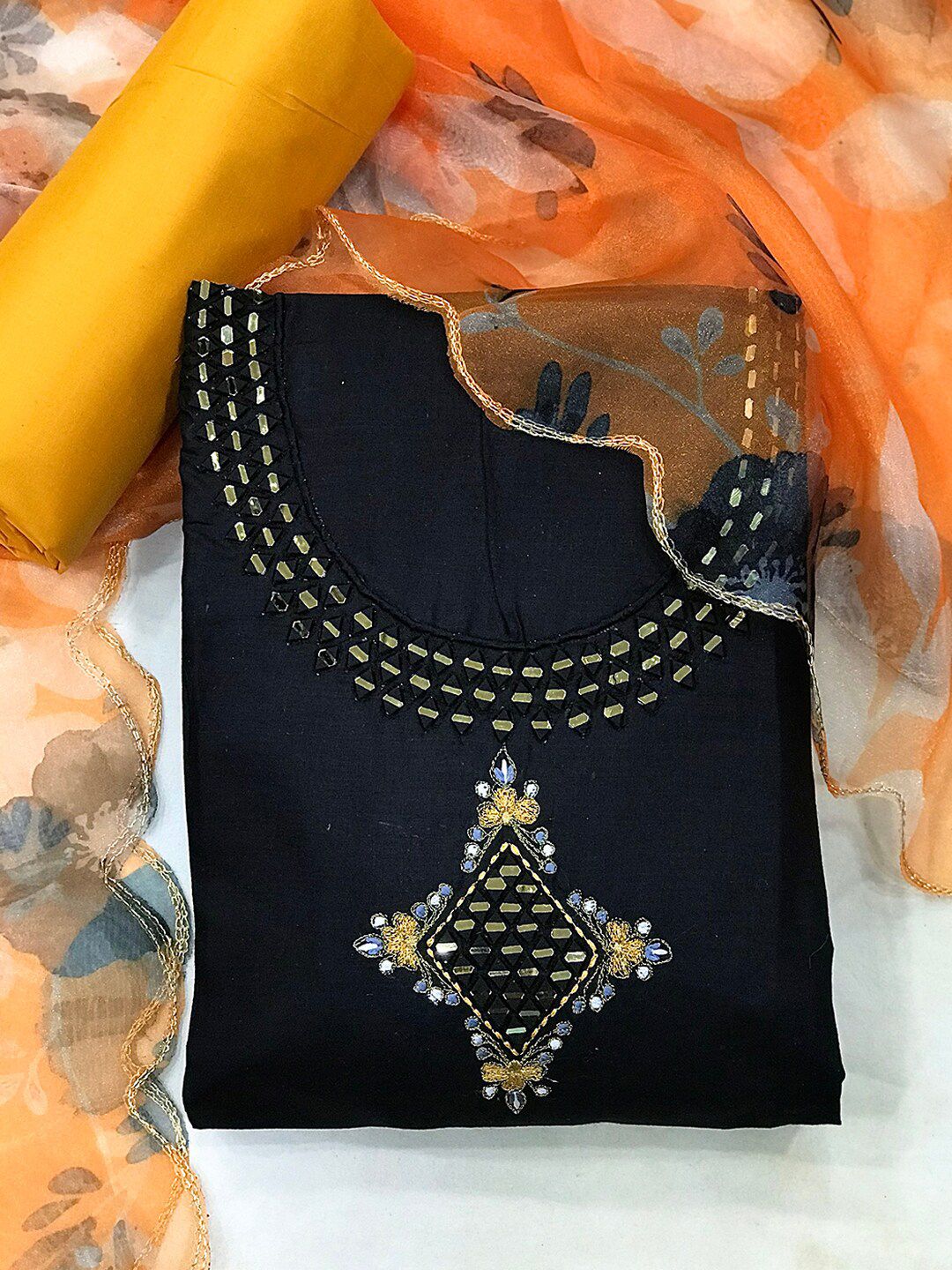 Kvsfab Black & Yellow Embroidered Unstitched Dress Material Price in India