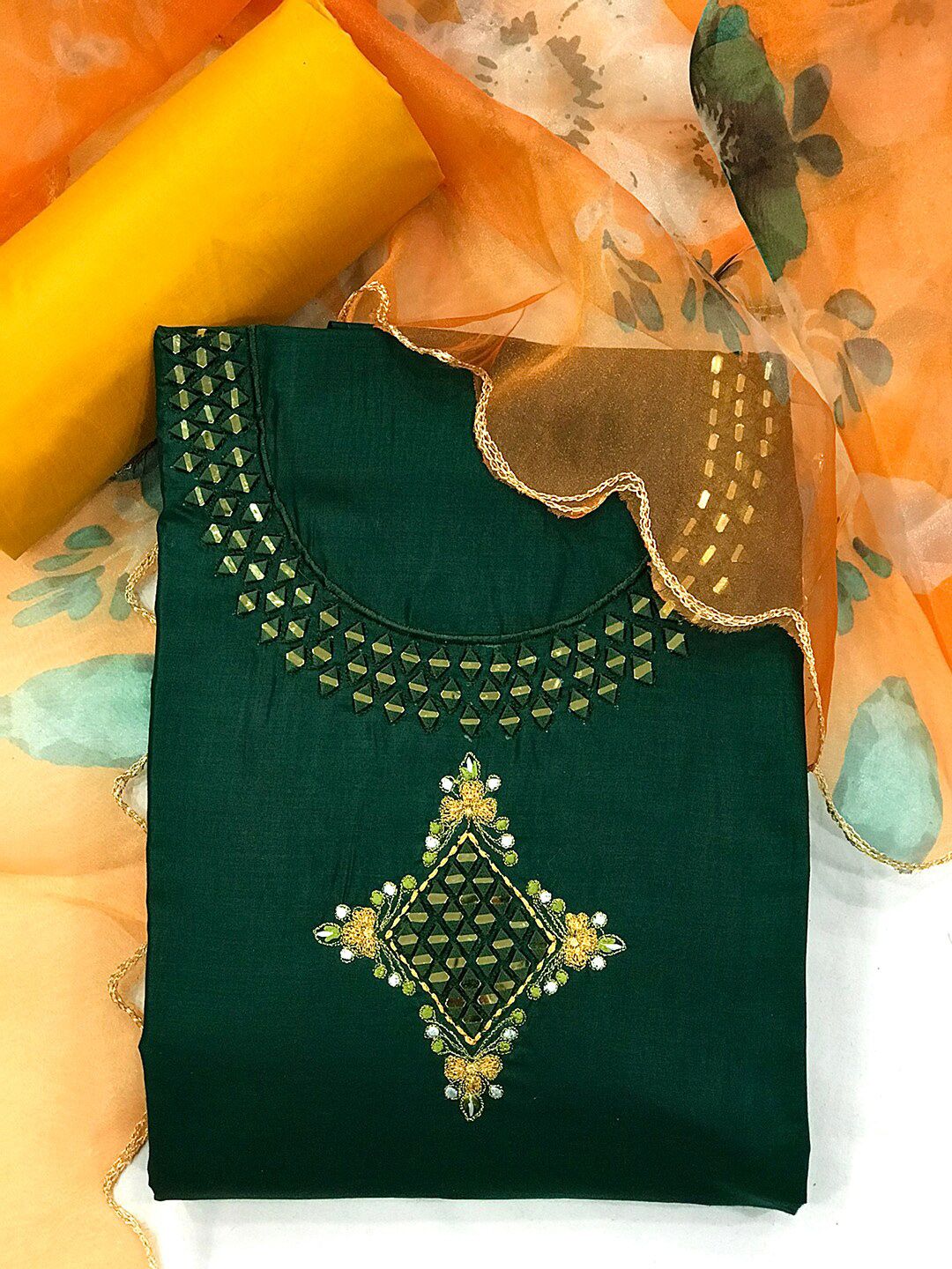 Kvsfab Green & Orange Embroidered Unstitched Dress Material Price in India
