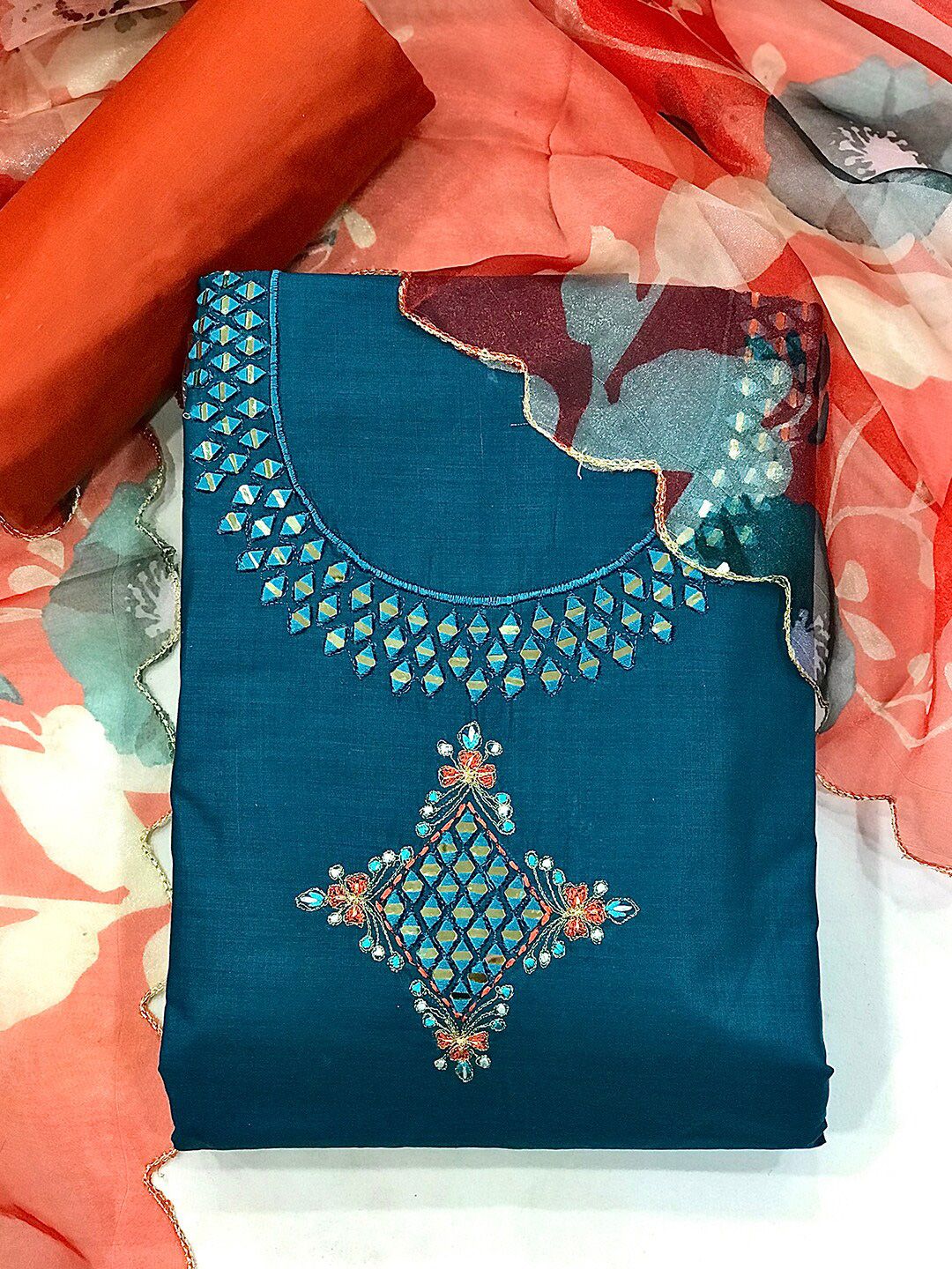 Kvsfab Blue & Red Embroidered Unstitched Dress Material Price in India