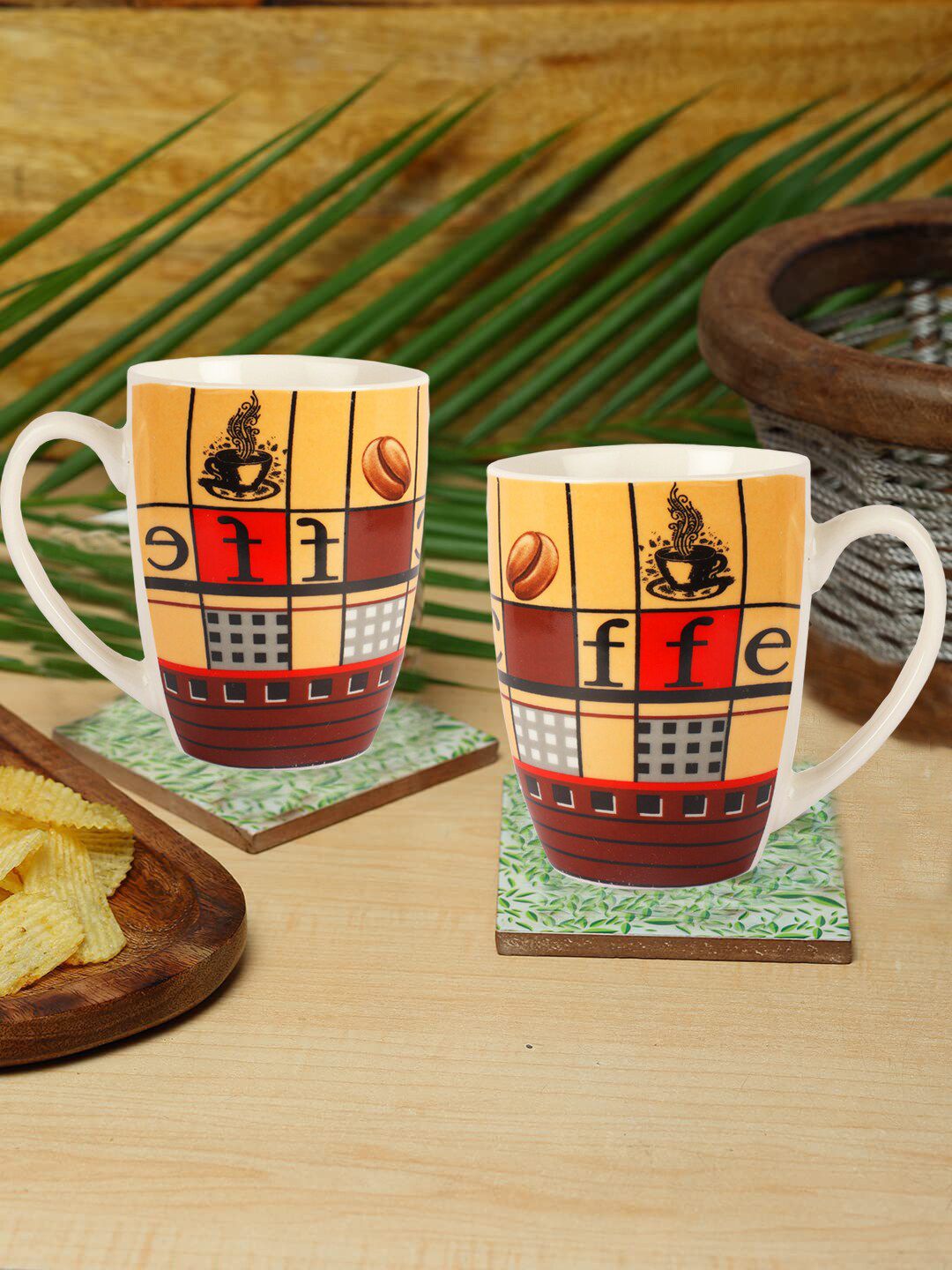 ZEVORA White & Brown Handcrafted Printed Ceramic Glossy Mugs Price in India