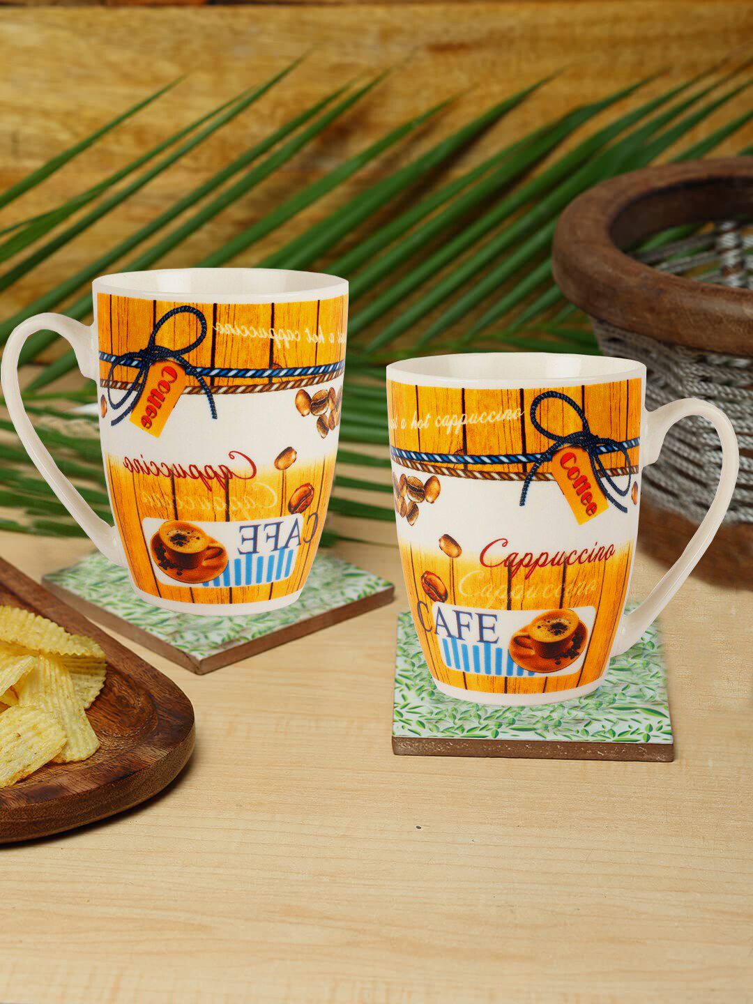ZEVORA Yellow & Off White Off White Off White Printed Ceramic Glossy Set of Cups and Mugs Price in India