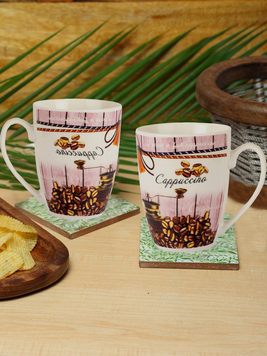 ZEVORA White & Brown Pack of 2 Printed Ceramic Glossy Mugs Price in India