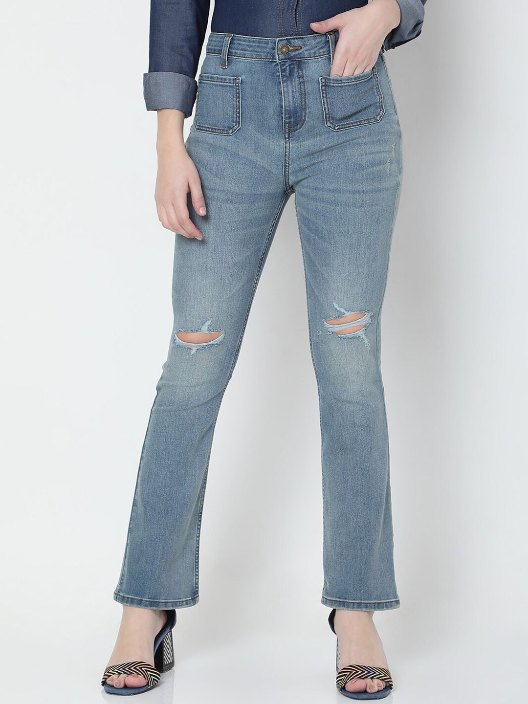 Vero Moda Women Blue High-Rise Mildly Distressed Light Fade Stretchable Jeans Price in India
