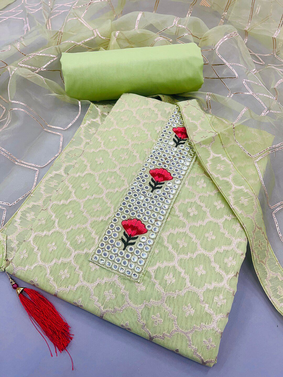 JATRIQQ Sea Green & Gold-Toned Art Silk Unstitched Dress Material Price in India