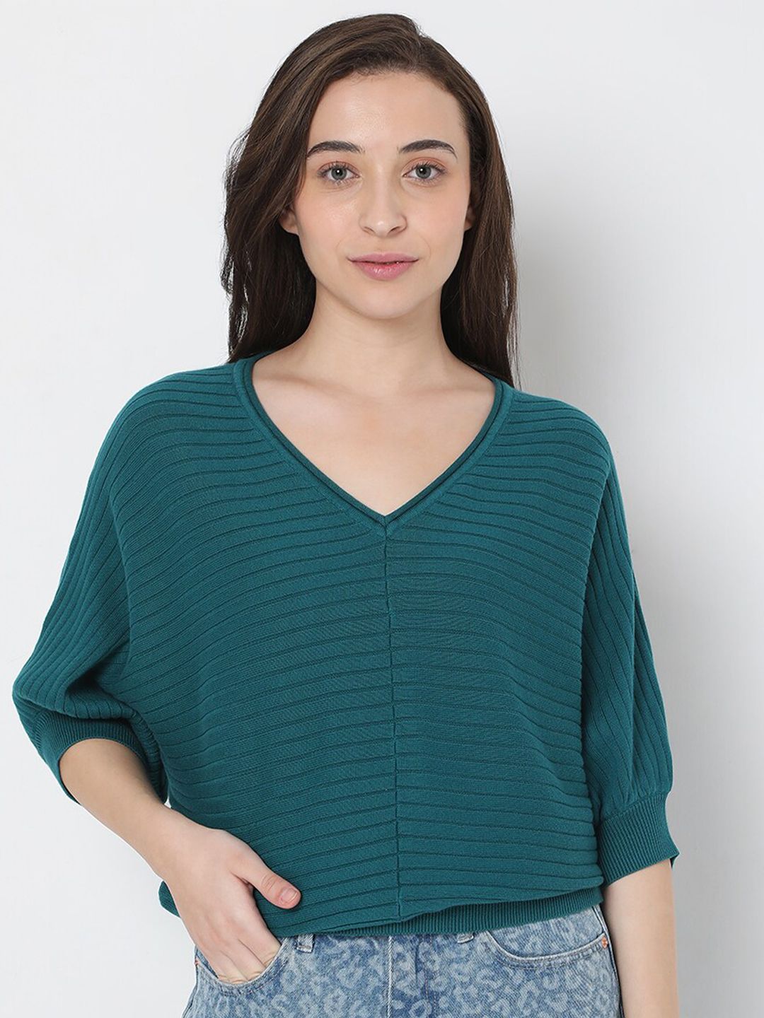 Vero Moda Women Green Striped Pullover Sweaters Price in India