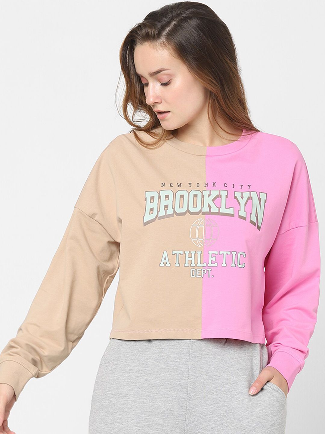Vero Moda Women Pink & Beige  Colourblocked Typography  Printed Sweatshirt Price in India