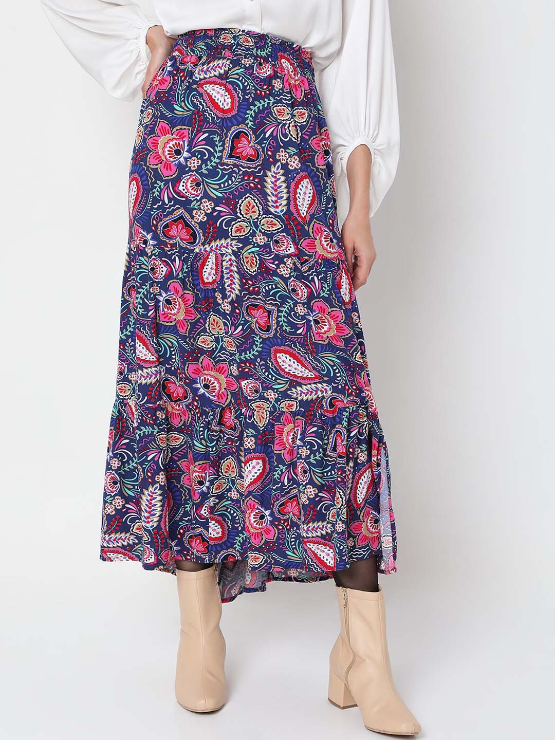 Vero Moda Blue & Pink Floral Printed A-Line Midi Flared Skirts Price in India