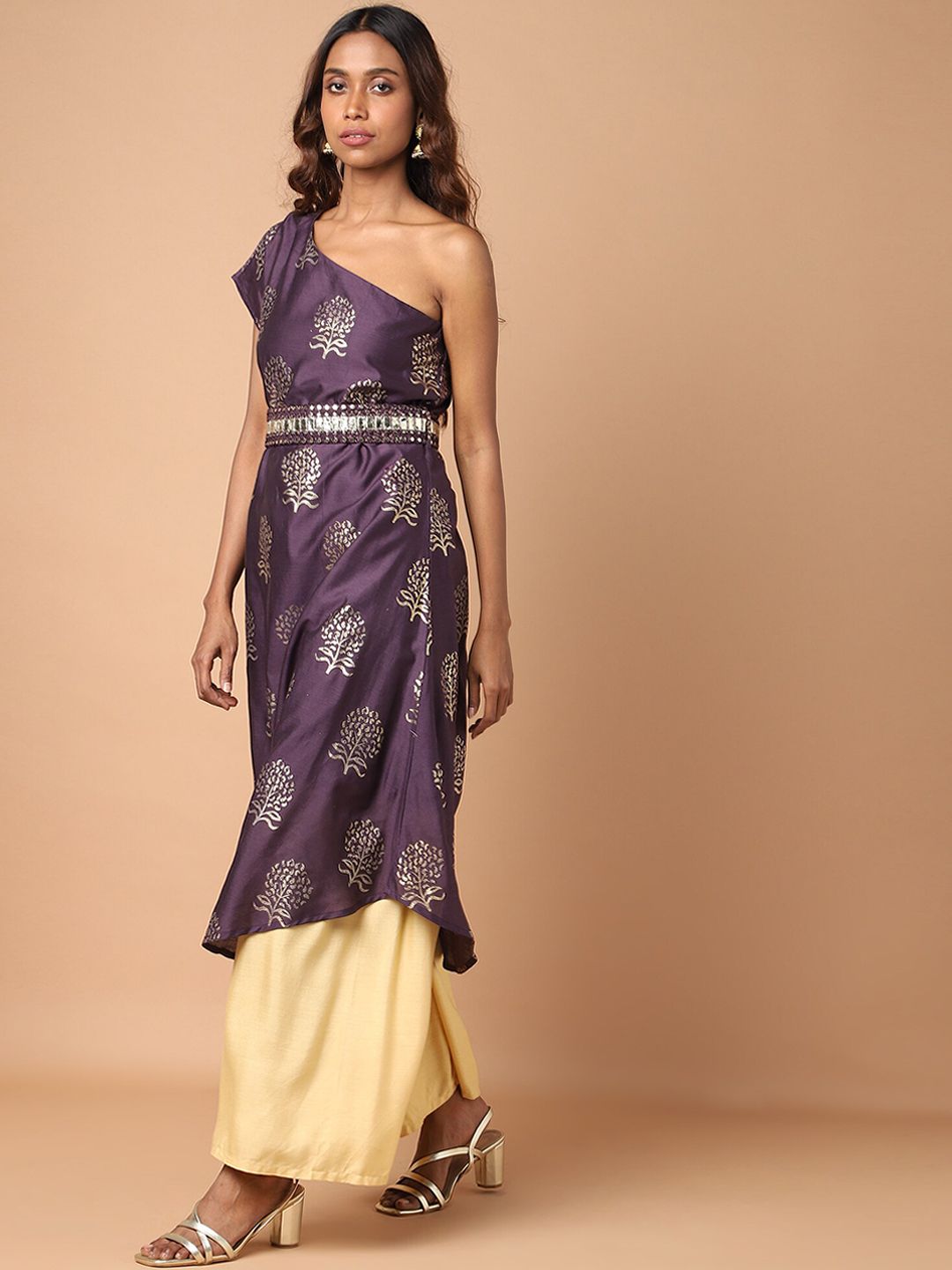 KHWAABI Purple & Cream-Coloured One Shoulder Printed Tunic With Seperate Belt Price in India