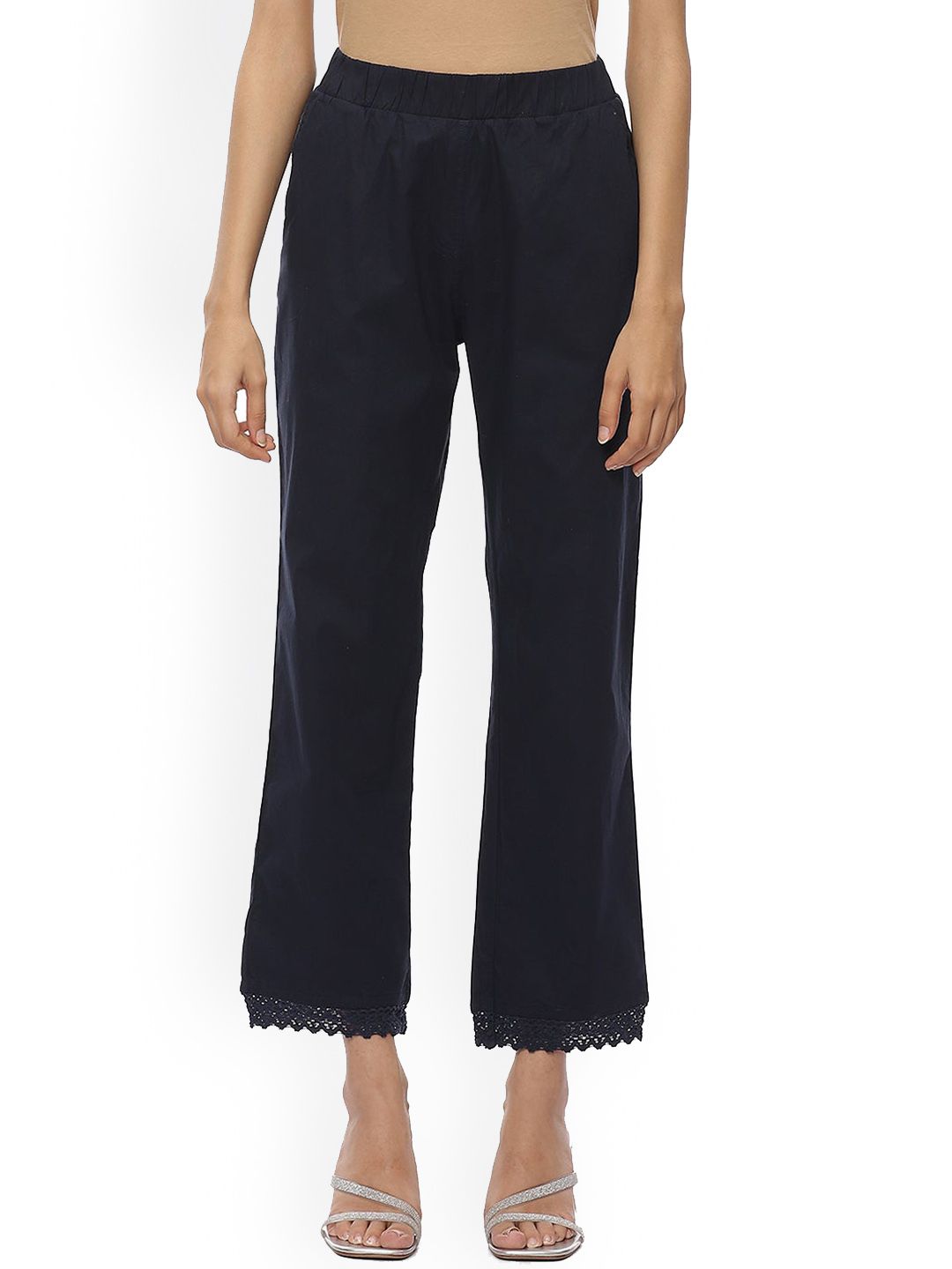 Lakshita Women Navy Blue Relaxed Loose Fit Chambray Trousers With Lace Detail Price in India