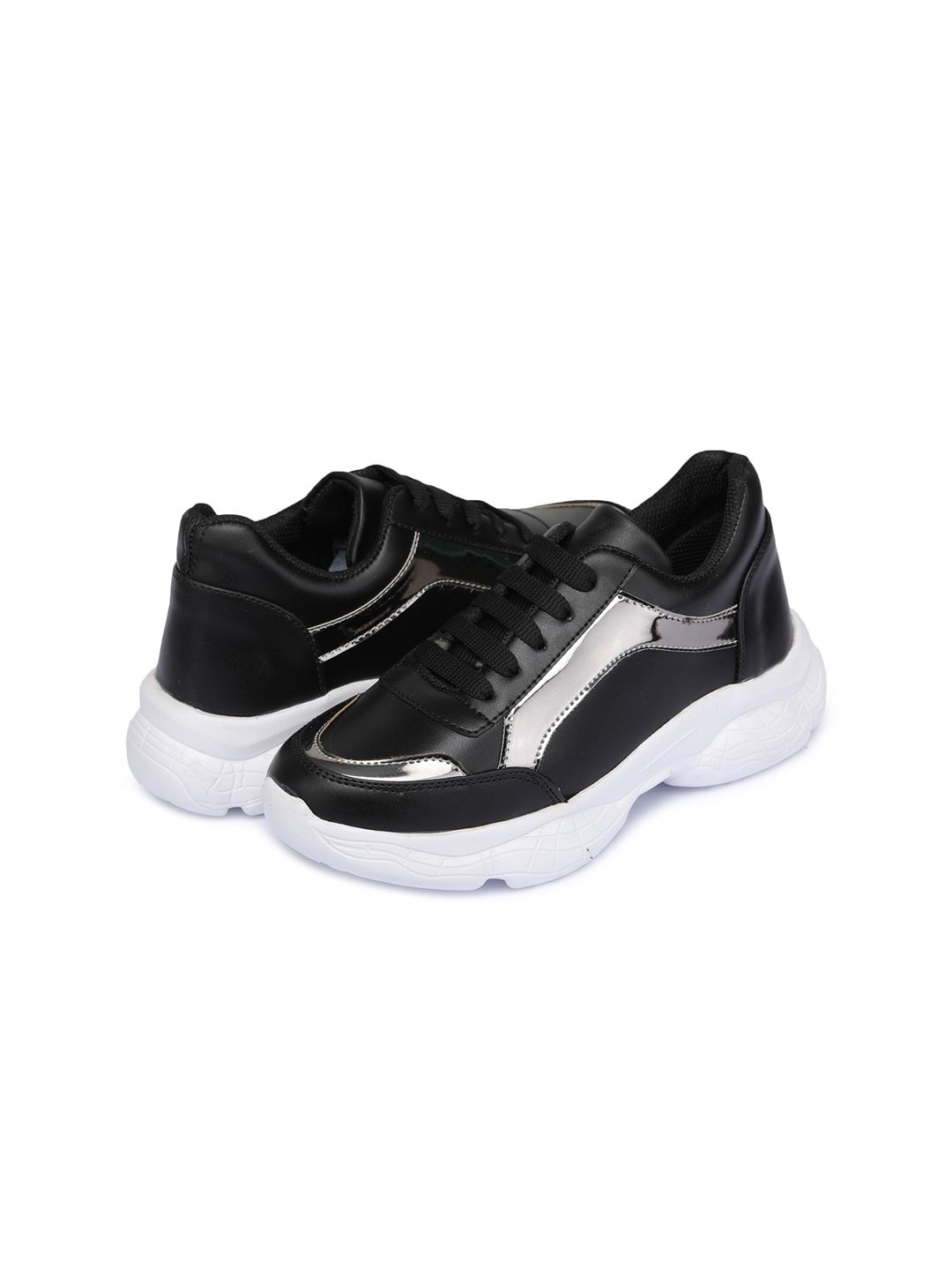 BOOTCO Women Black & Silver Toned Sneakers Price in India