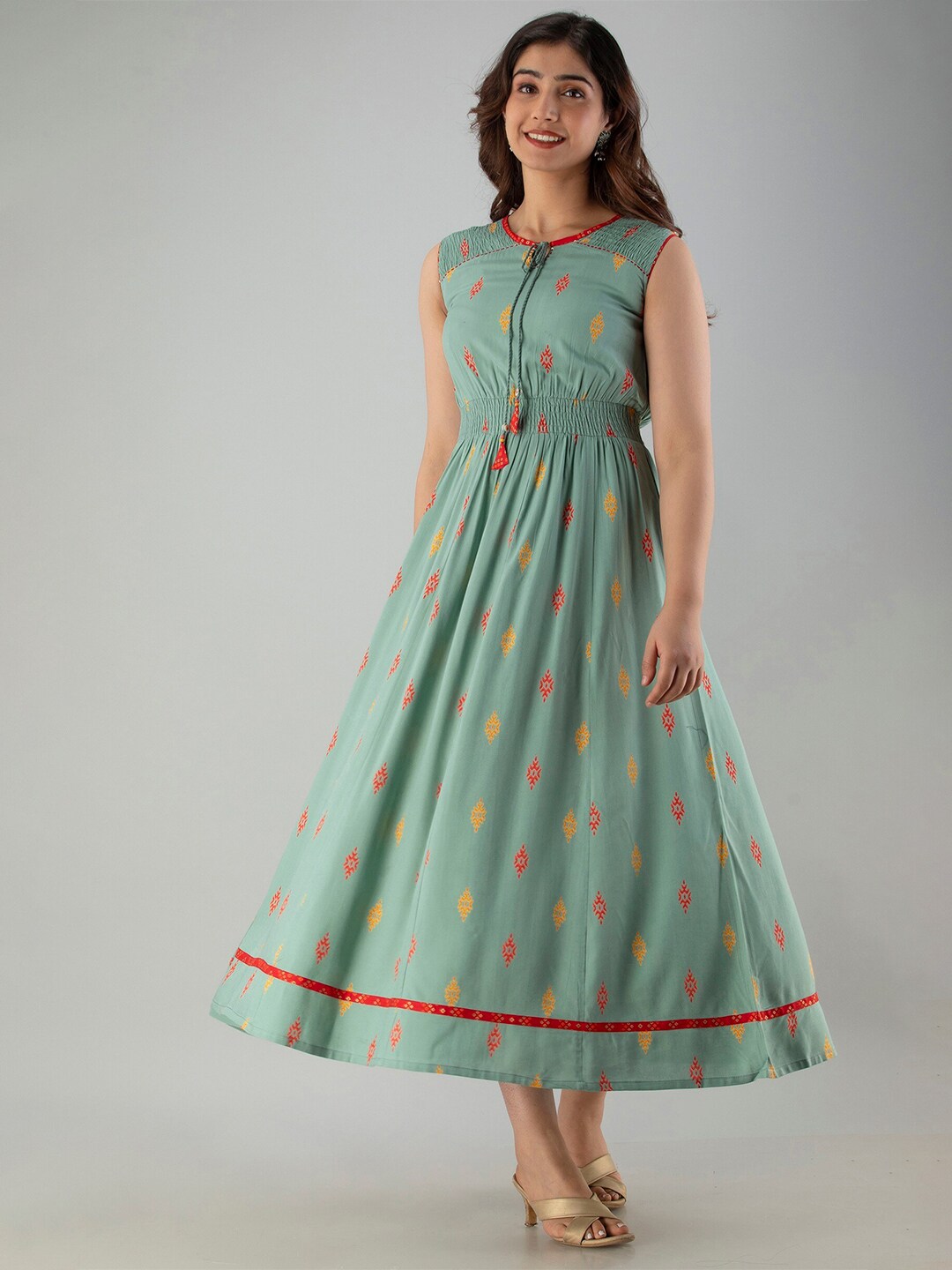 Charu Lime Green Ethnic Motifs Ethnic Maxi Dress Price in India