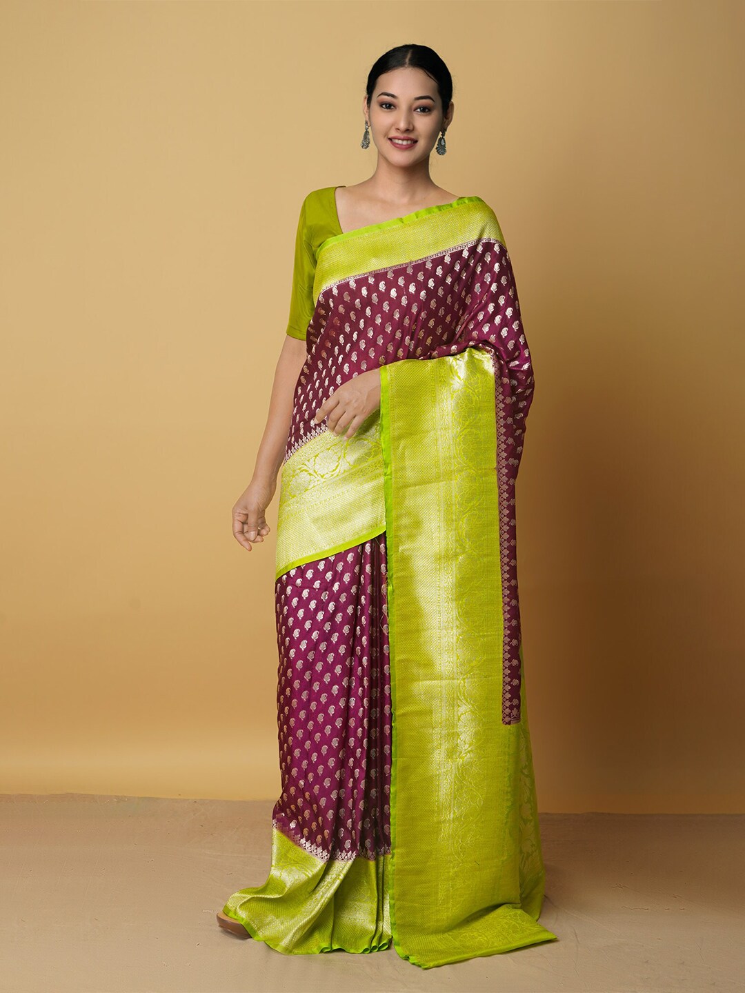 Unnati Silks Purple & Green Woven Design Zari Silk Cotton Kanjeevaram Saree Price in India