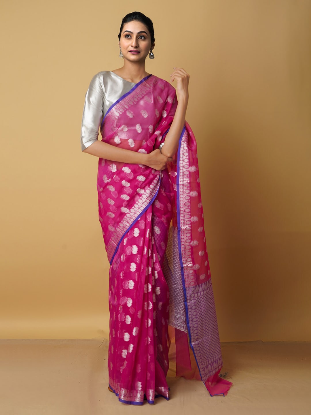 Unnati Silks Pink & Violet Woven Design Silk Cotton Banarasi Saree Price in India