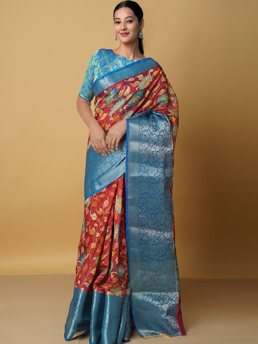 Unnati Silks Red & Blue Woven Design Zari Silk Cotton Kanjeevaram Saree Price in India