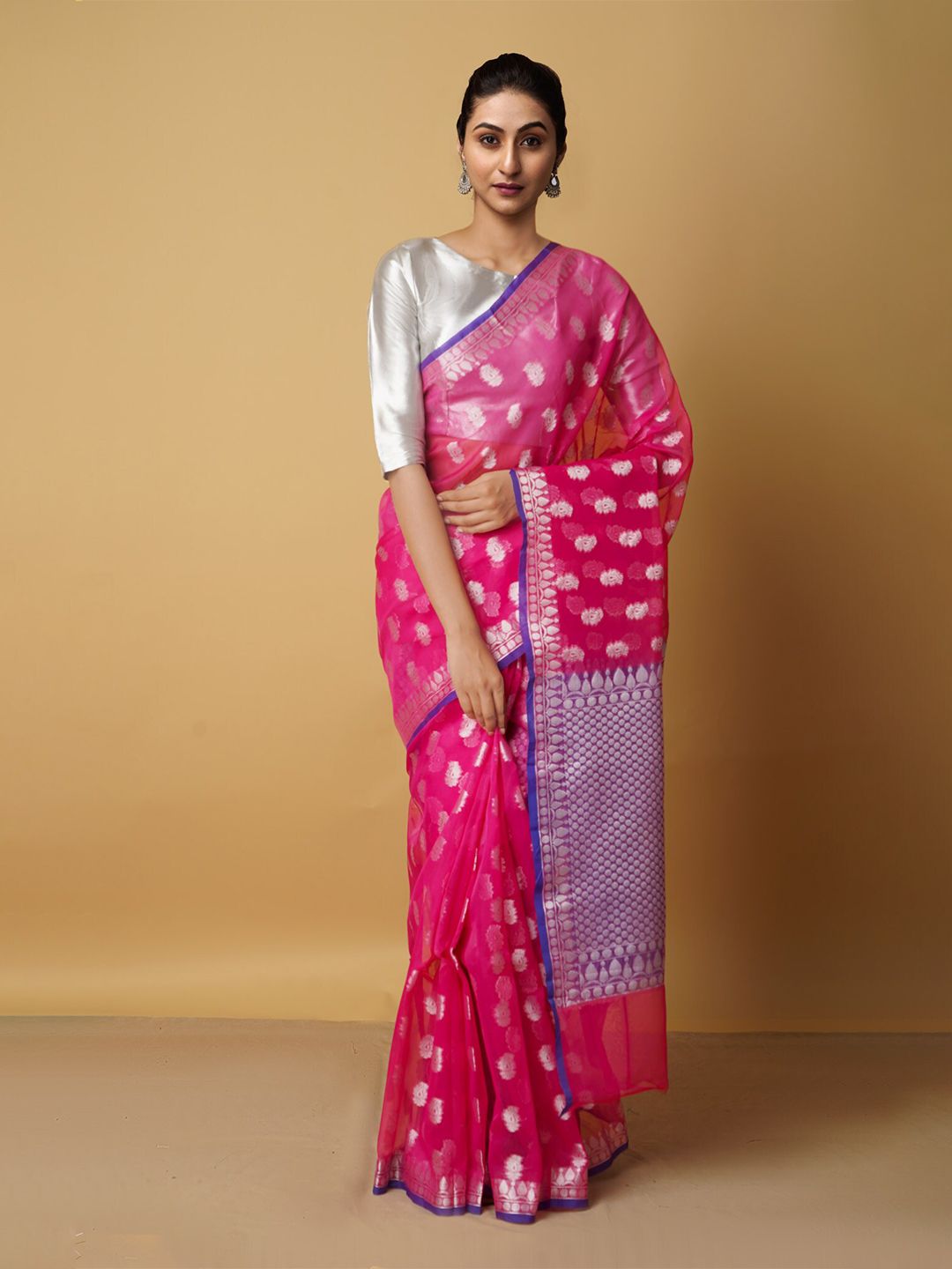 Unnati Silks Pink & Purple Ethnic Motifs Zari Silk Cotton Banarasi Saree Price in India
