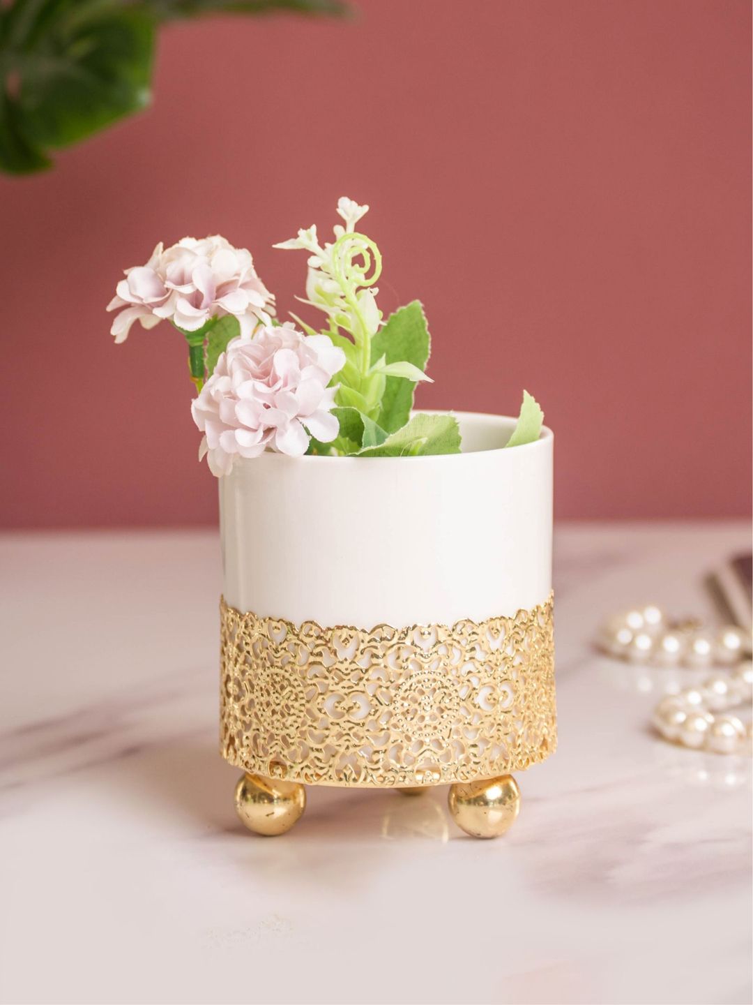 Nestasia White & Gold-Toned Self Design Ceramic Planter With Stand Price in India