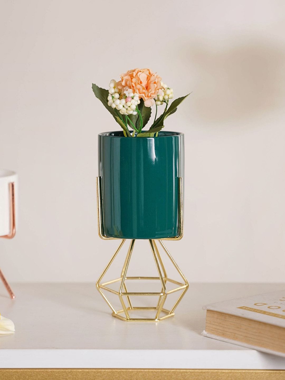 Nestasia Green & Gold-Toned Solid Planter With Stand Price in India