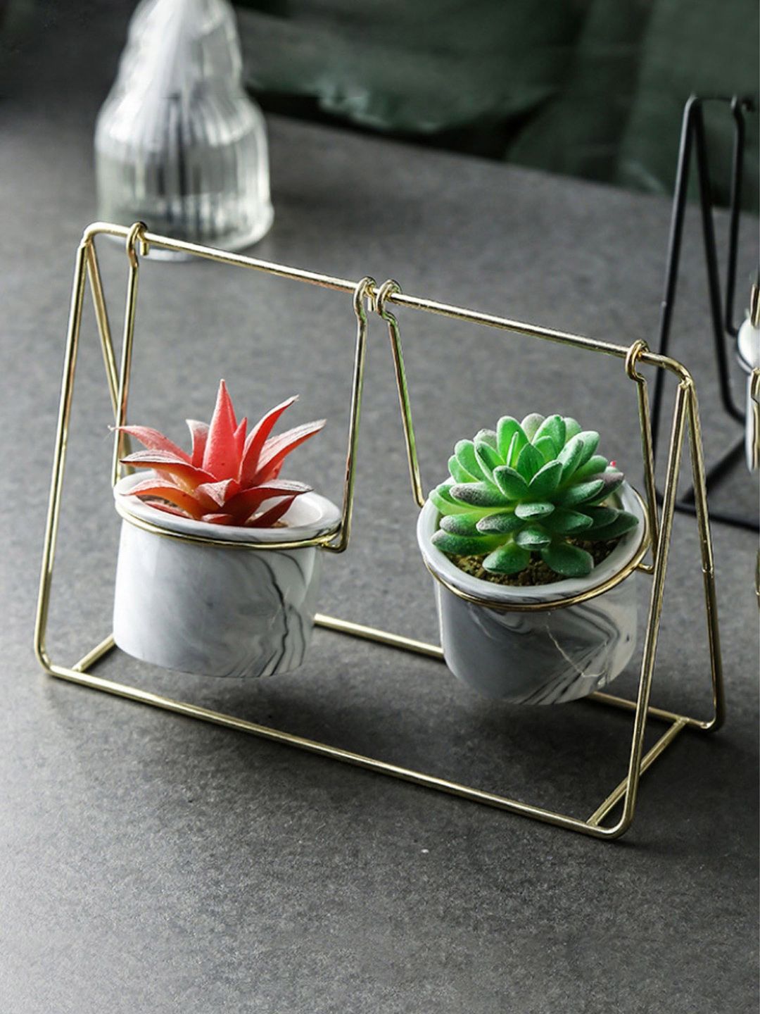 Nestasia Set of 2 White and Gold Marble Swing Planter Price in India