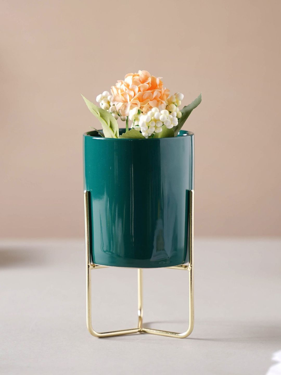 Nestasia Green & Gold-Toned Solid Ceramic Planter With Holder Price in India