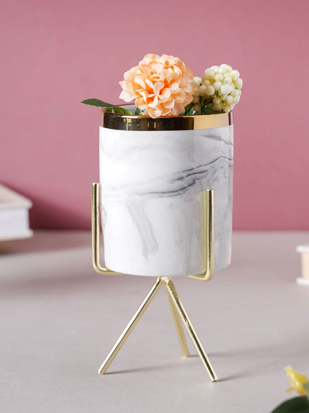 Nestasia White & Gold-Toned Marble Printed Ceramic Planter With Stand Price in India