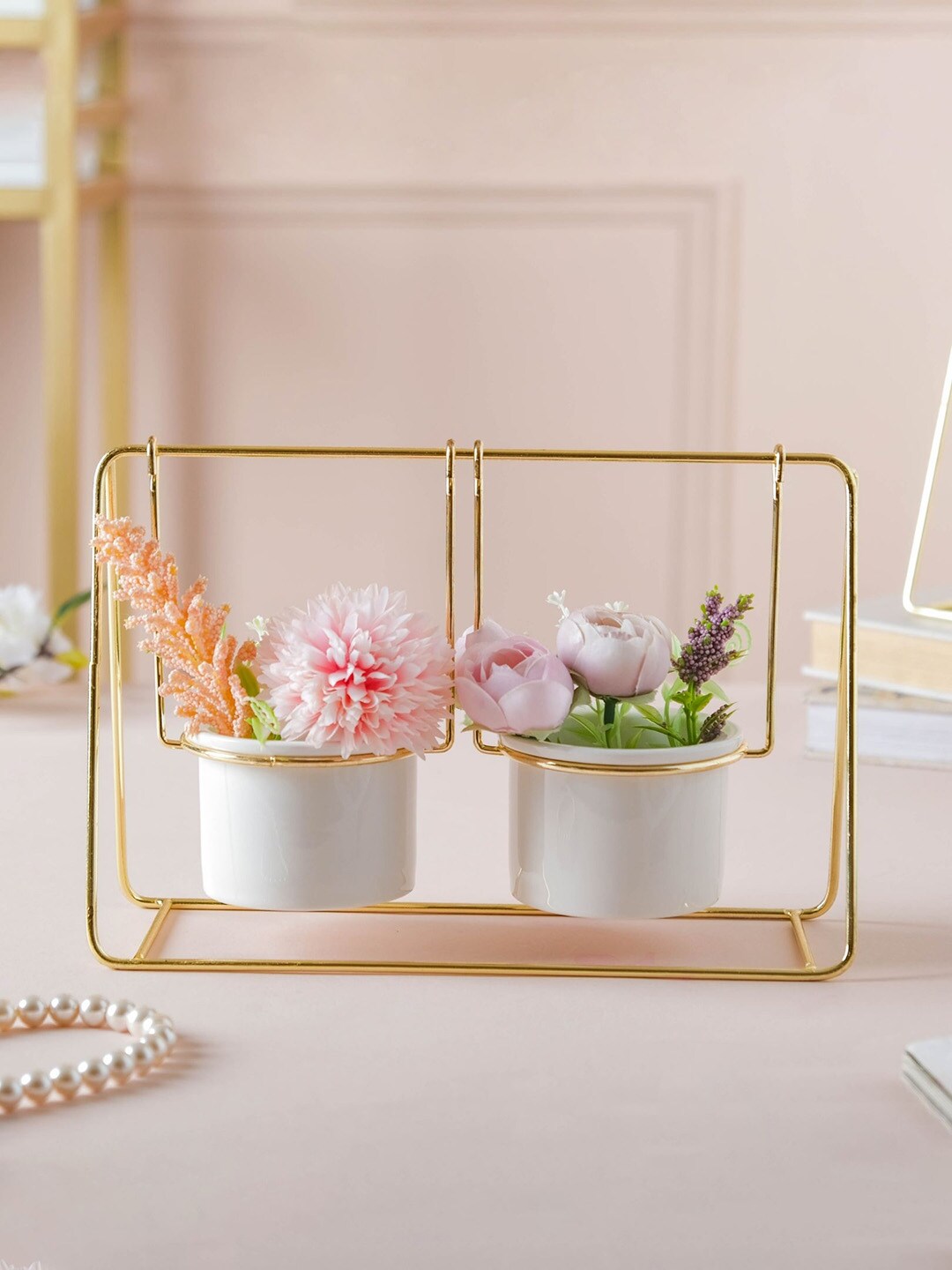 Nestasia White and Gold Indoor Pottery Solid Ceramic Planter with Swing Metal Stand Price in India