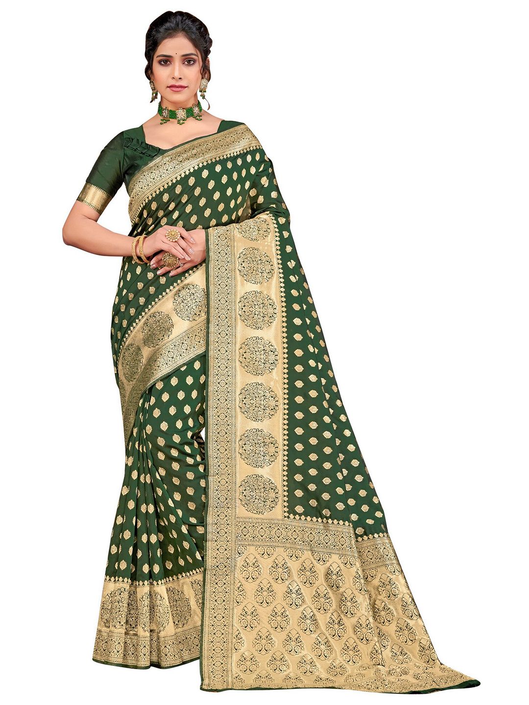 SARIYA Women Green & Gold-Toned Floral Zari Silk Blend Banarasi Saree Price in India