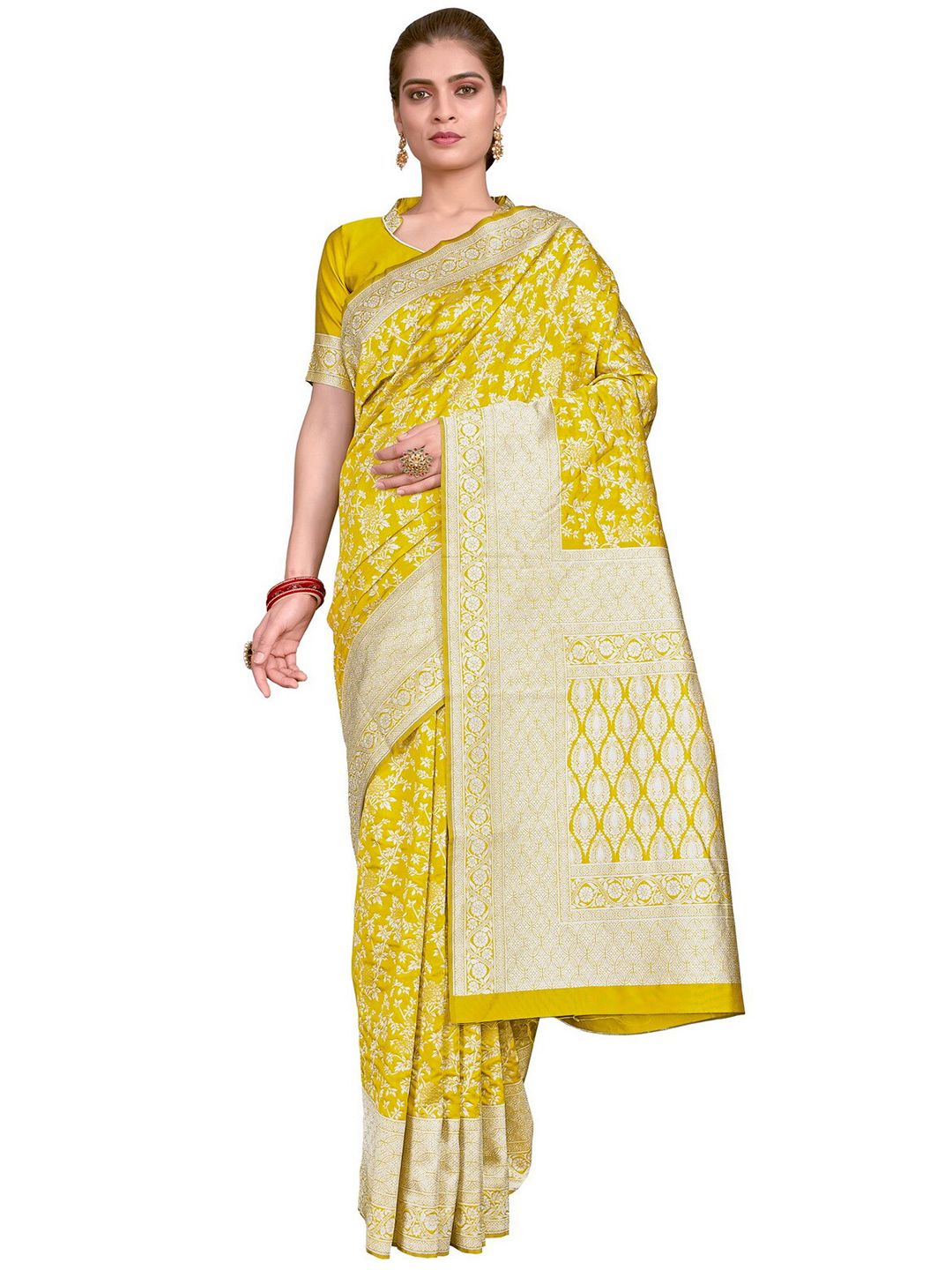 SARIYA Lime Green & Silver-Toned Floral Zari Silk Blend Banarasi Saree Price in India