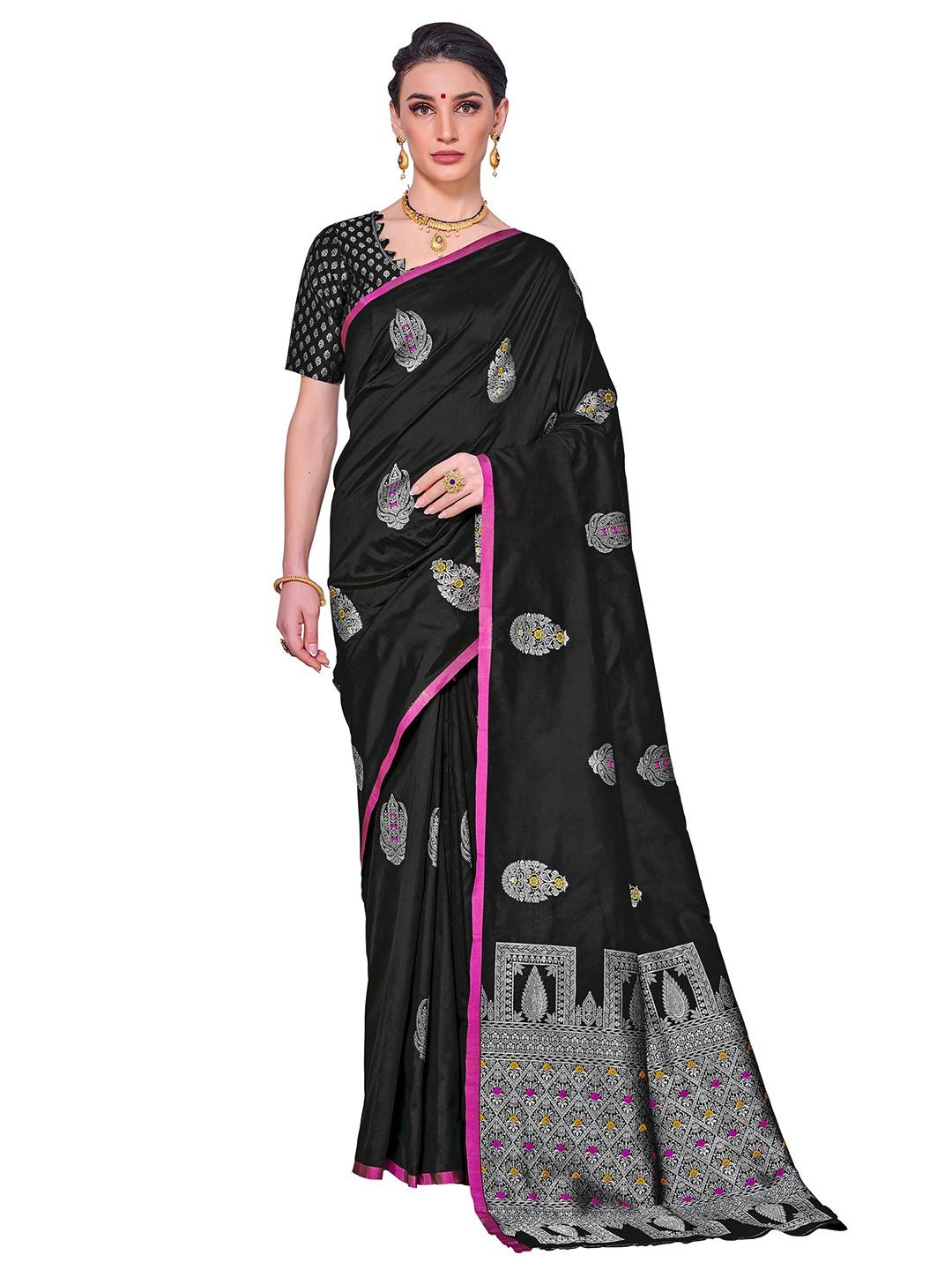 SARIYA Black & Silver-Toned Floral Zari Silk Blend Banarasi Saree Price in India