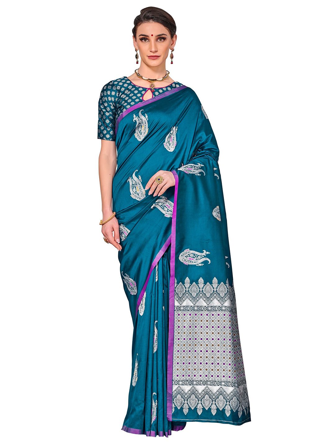 SARIYA Turquoise Blue & Silver-Toned Ethnic Motifs Zari Silk Blend Banarasi Saree Price in India