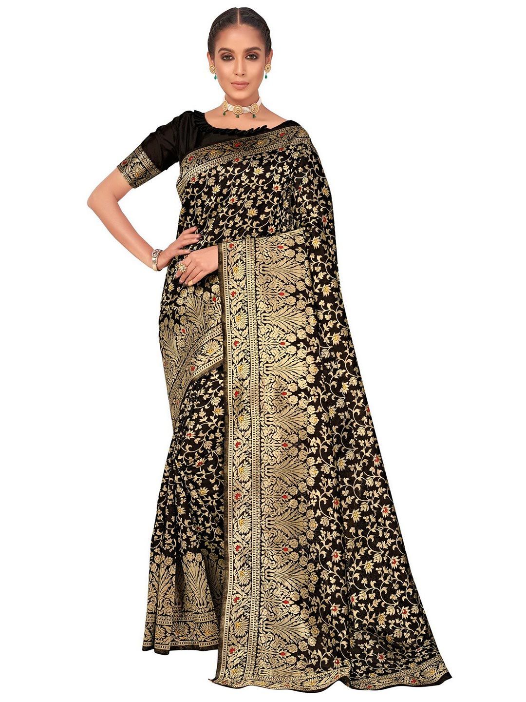 SARIYA Black & Gold-Toned Floral Zari Silk Blend Banarasi Saree Price in India