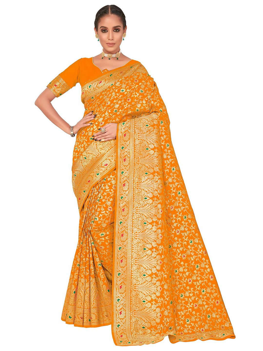 SARIYA Mustard & Gold-Toned Floral Zari Silk Blend Banarasi Saree Price in India