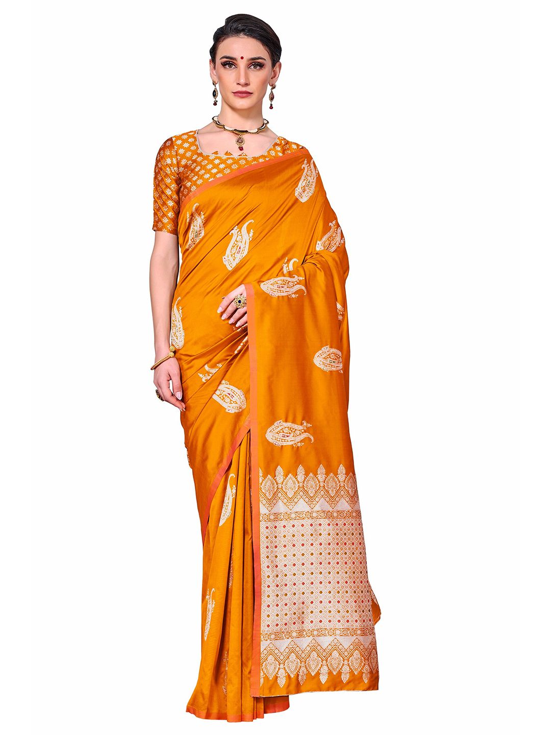 SARIYA Orange & Silver-Toned Floral Zari Silk Blend Banarasi Saree Price in India