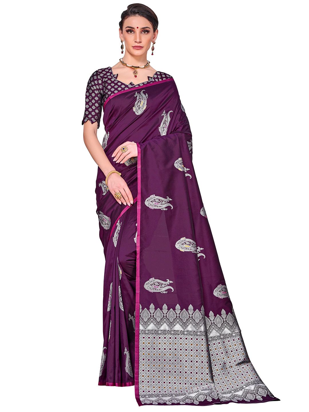 SARIYA Purple & Silver-Toned Floral Zari Silk Blend Banarasi Saree Price in India