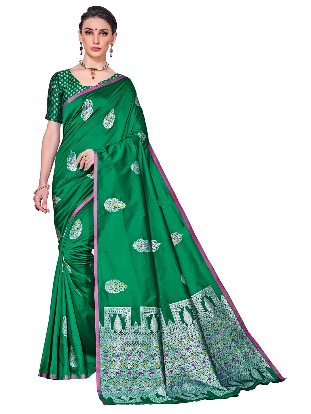 SARIYA Green & Silver-Toned Floral Silk Blend Banarasi Saree Price in India