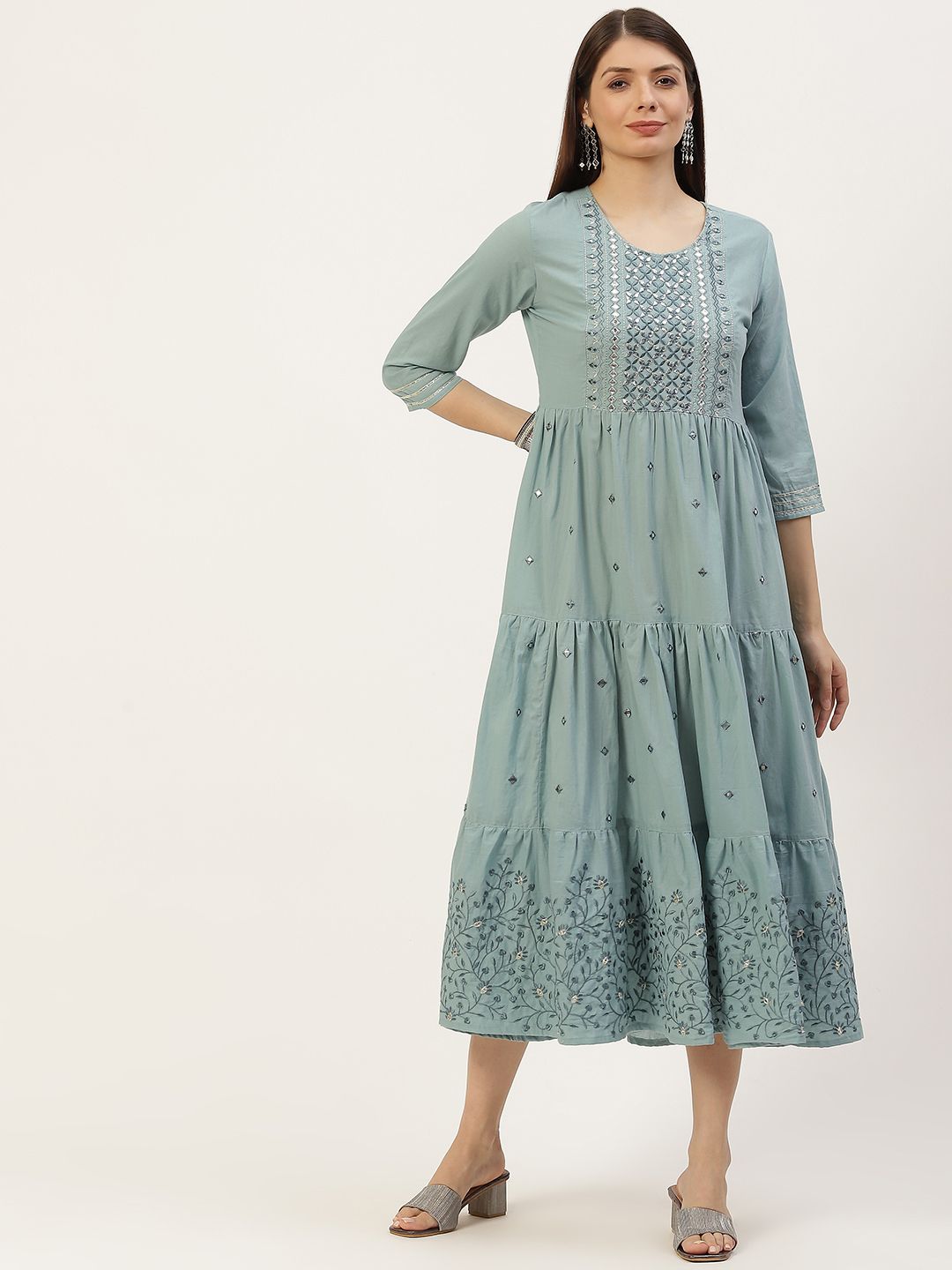 YELLOW CLOUD Blue Ethnic Motifs Yoke Design Tiered Pure Cotton A-Line Ethnic Dress Price in India