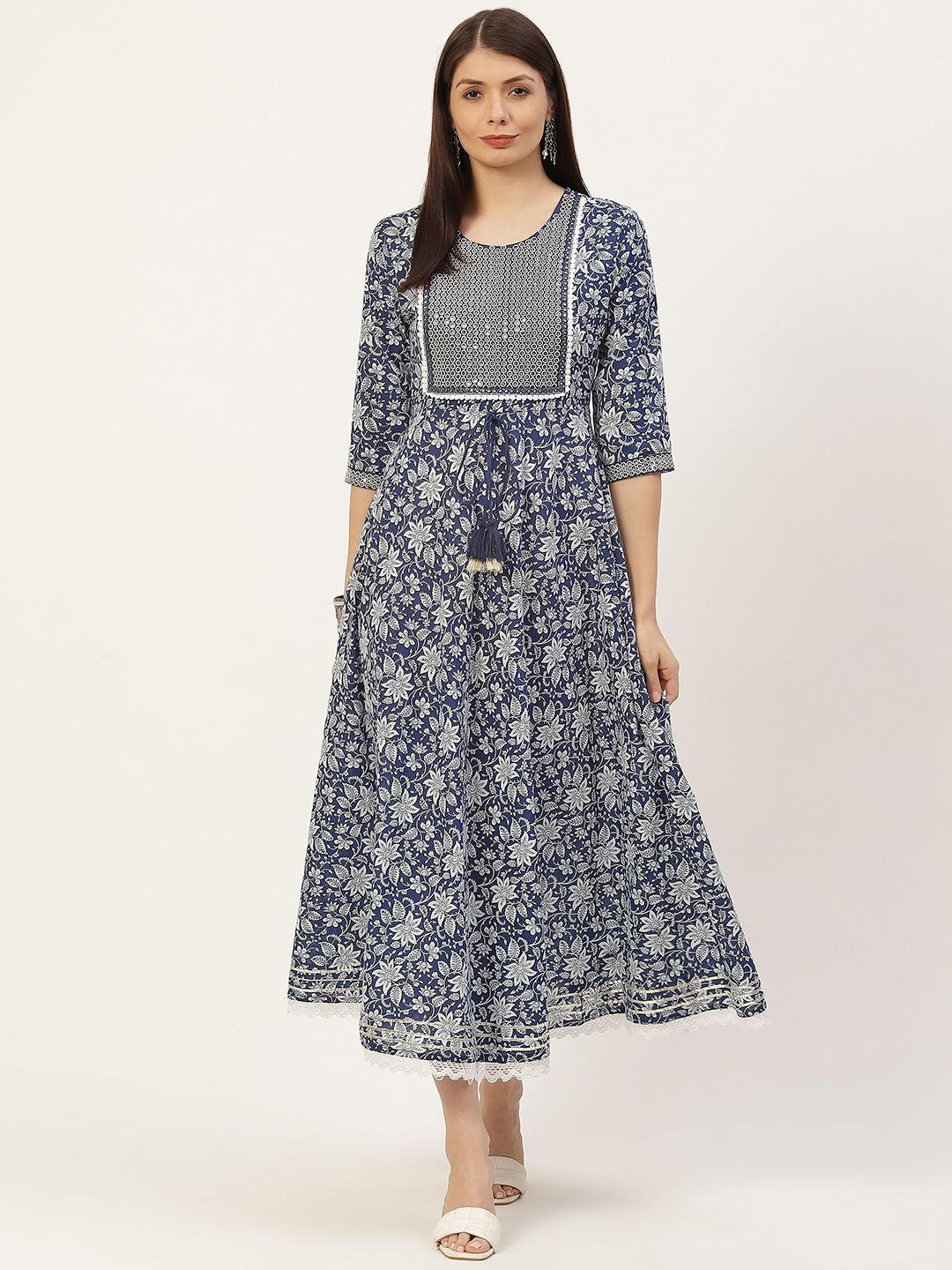 YELLOW CLOUD Blue & White Ethnic Motifs Printed Pure Cotton Anarkali Ethnic Dress Price in India